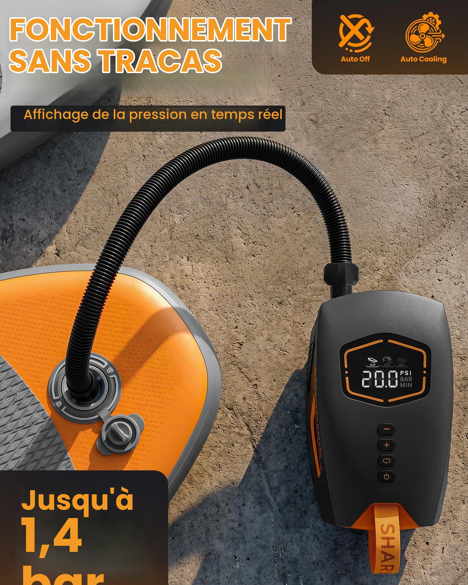 OutdoorMaster Shark 3 Mini 74Wh Pompe Sup Électrique Portable, Gonflage Rapide 5'30", Pompe Rechargeable Paddle Board, Arrêt Automatique & Dégonflage, 20 PSI, 12V/15,8V DC & USB-C, 8 Embouts