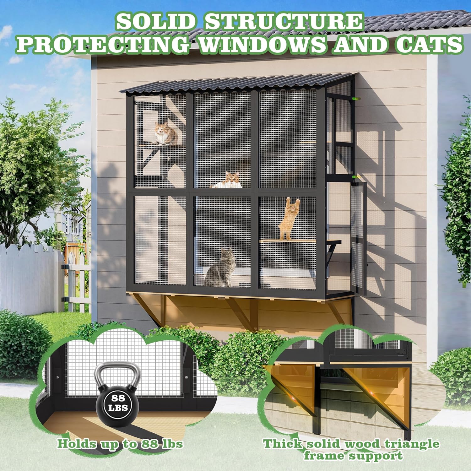 TITIMO Cat Catio, Cat Window Perch for Large Indoor Cats, Window Box Enclosure with 4 Jump Platforms, Wooden Window Hammock for Multi Kittens, All-Weather Use Outdoor Small Pet Perch House (Black)