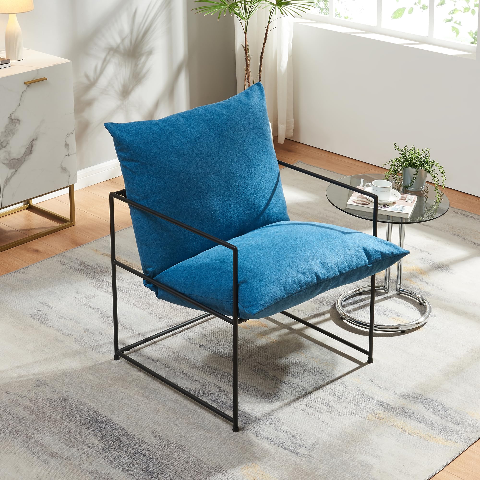 [en.casa] Poltrona Moderna con Cuscino Imbottito e Telaio in Metallo Sedia Relax per Soggiorno Salotto Camera da Letto 90 x 61 x 70 cm Nero/Blu