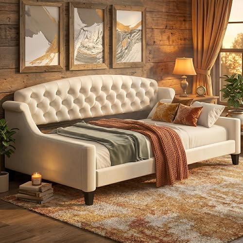 Twin Daybed, Twin Size Luxury Tufted Button Daybed, Upholstered Twin Daybed Frame, Sofa Bed for Bedroom Living Room, Beige