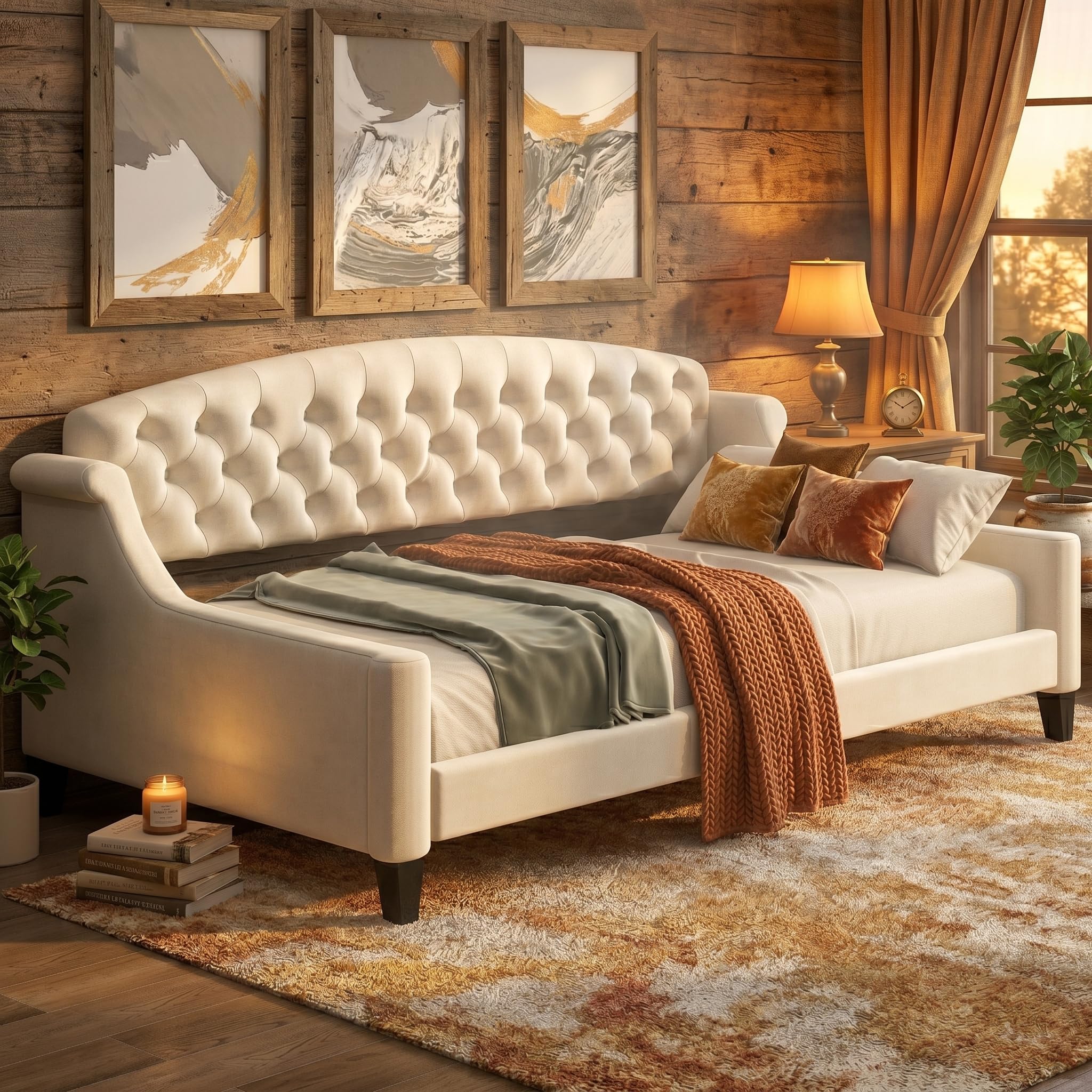 LZ LEISURE ZONE Twin Daybed, Twin Size Luxury Tufted Button Daybed, Upholstered Twin Daybed Frame, Sofa Bed for Bedroom Living Room, Beige