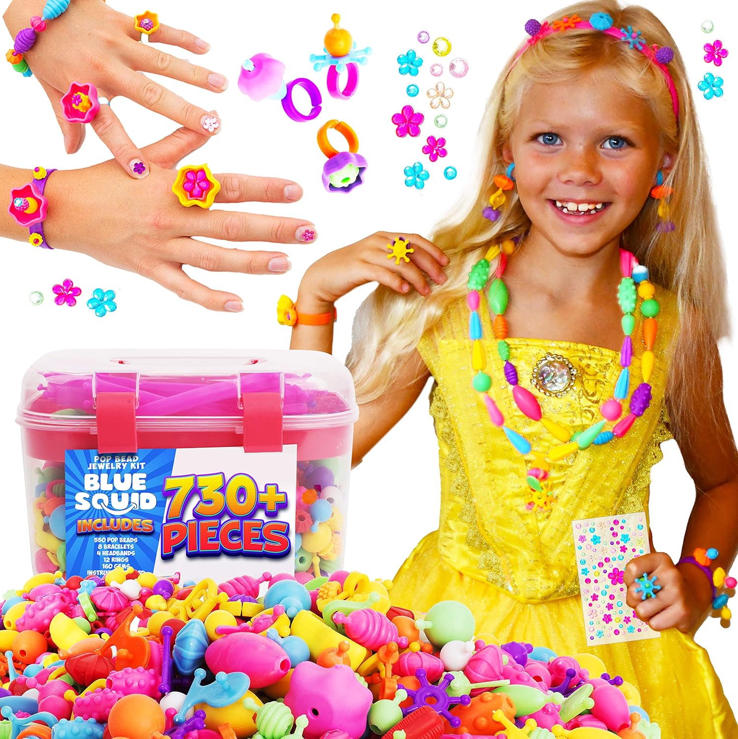 Blue Squid Snap Pop Beads for Girls – 730pcs Kids Jewelry Making Kit, Pop-Bead Art and Craft Kit DIY Necklace Hairband Bracelet Ring Earring Great Toys for Age 4 5 6 7 8 Year Old Girl Gifts Toy Set : Toys & Games