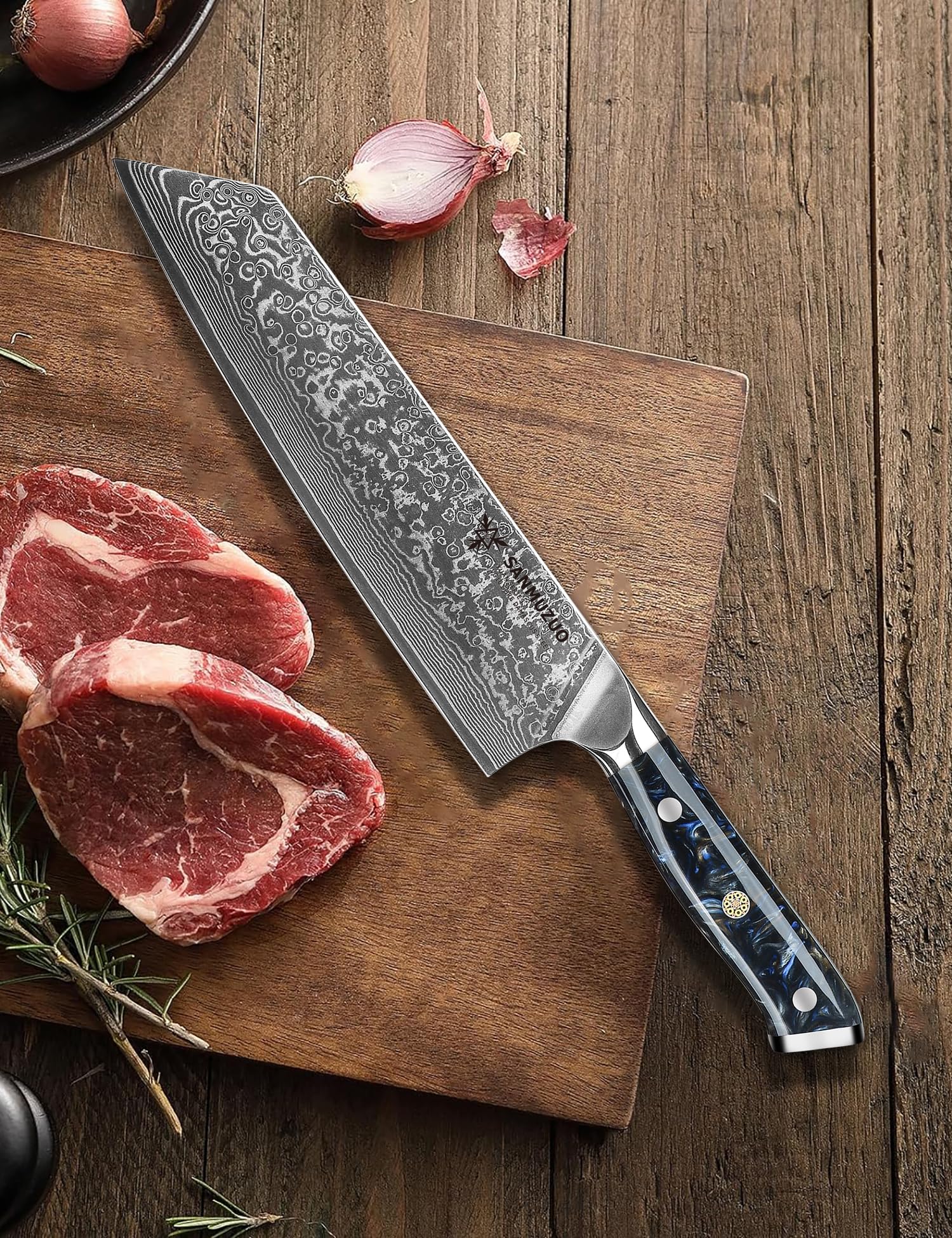 Coltelli Da Cucina Kiritsuke Damasco 22CM, Coltello da chef Professionale - Coltello da Cuoco Acciaio Damasco da 67 Strati- Impugnatura Resina - Xuan Series (Starry Black)