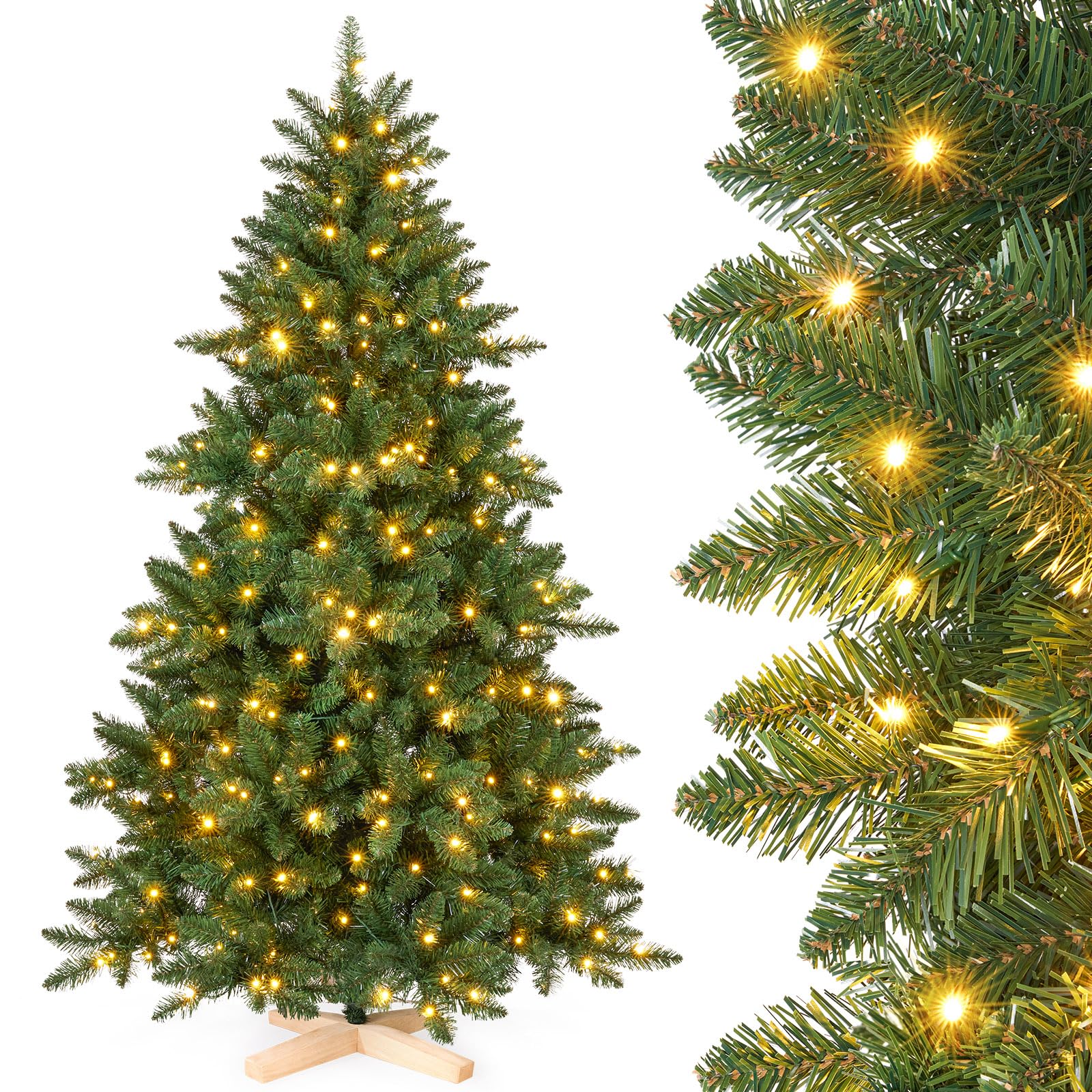 Yorbay Árbol de Navidad Artificial con iluminación LED: PVC Artificial con Soporte de Madera para decoración navideña, Ideal para Ambiente Festivo (210 cm)