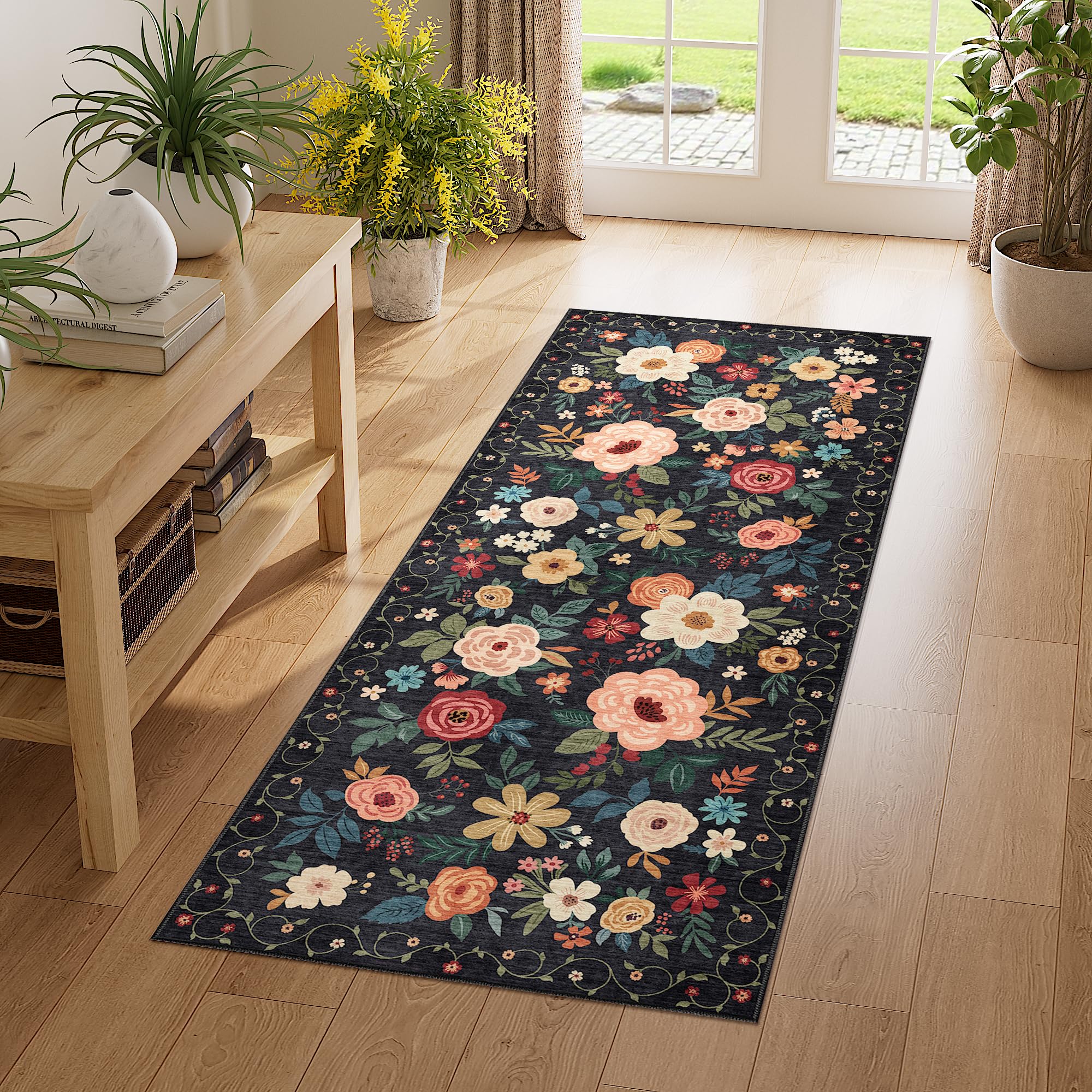 DUKINO 2x5 Runner Rug for Hallway, Washable Kitchen Floral Runner Rug with Non Slip Backing, Low Pile Soft Boho Carpet for Kitchen, Hallway, Entryway,