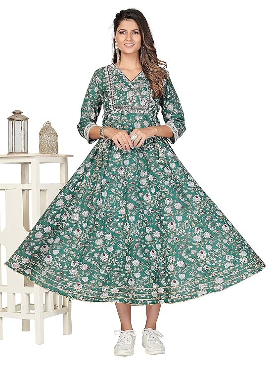Vbuyz Women's Printed & Embroidered Anarkali Cotton Teal Green Stitched Kurta (VF-KU-1127)