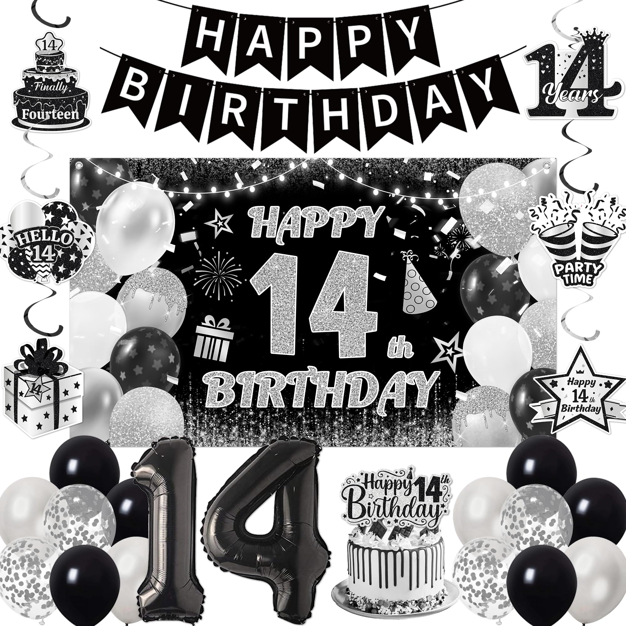 Happy 14th Birthday Decorations for Boys - Black Silver Backdrop Set Include Banners Number 14 Balloon, Hanging Swirls Cake Topper for 14 Years Old Boy Party Decoration
