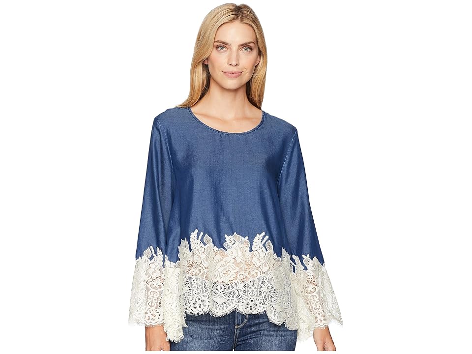 

Karen Kane Chambray Lace Border Top (Denim) Women's Clothing, Blue