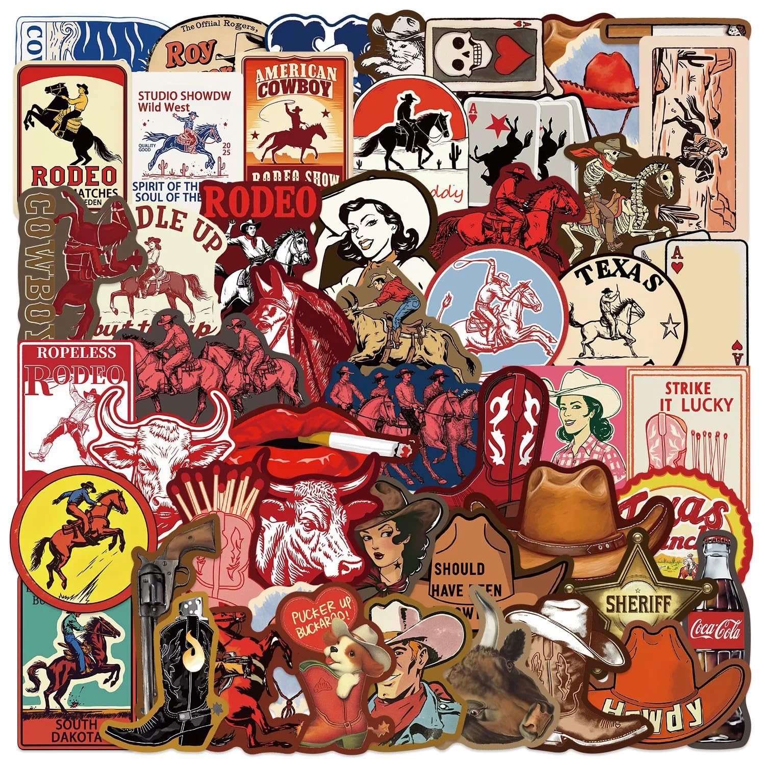 50 Pcs Western Cowboy Stickers for Kids Teens Adults Boys Girls Gift,Cowboy Decals Pack for Laptop,Skateboard,Luggage,Car,Bike,Cup,Computer,Water Bottle Decor,Vinyl Waterproof Stickers