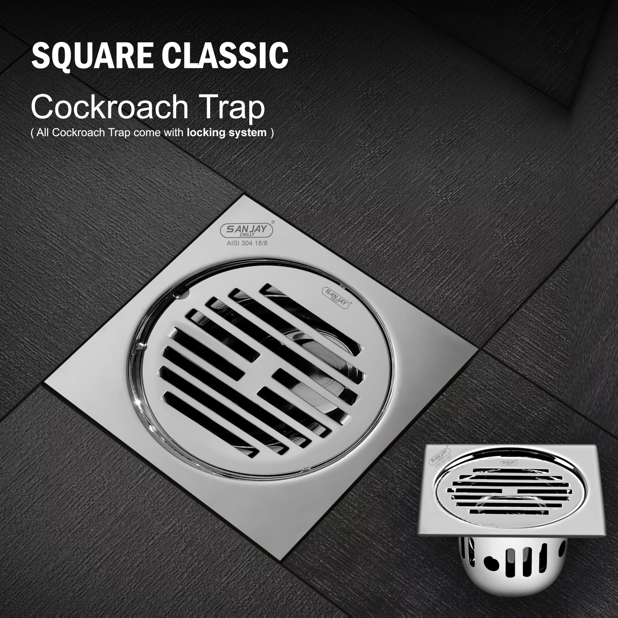 Sanjay Chilly Floor Drain with Cockroach Trap 304 Stainless Steel Grade Bathroom Gratings Floor Cover Jali Waste Water Drainer Strainer Washbasin Sink Toilet Anti Odor (Square Classic 5x5 INCH) 4