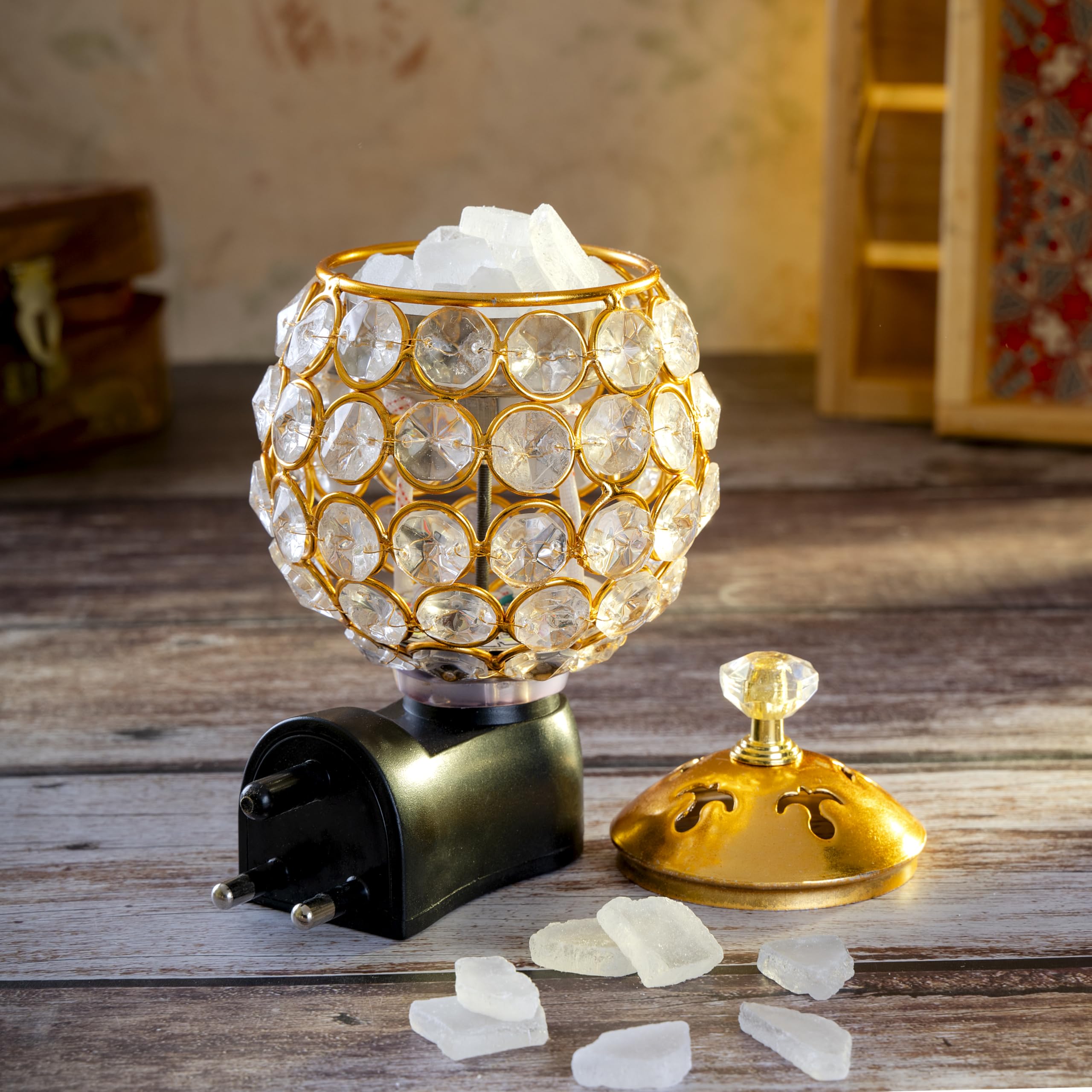 Prathna® Elegant Crystal Electric Kapoor Dani/Camphor Burner – Golden Diamond Design Aroma Diffuser for Home, Temple & Office 2