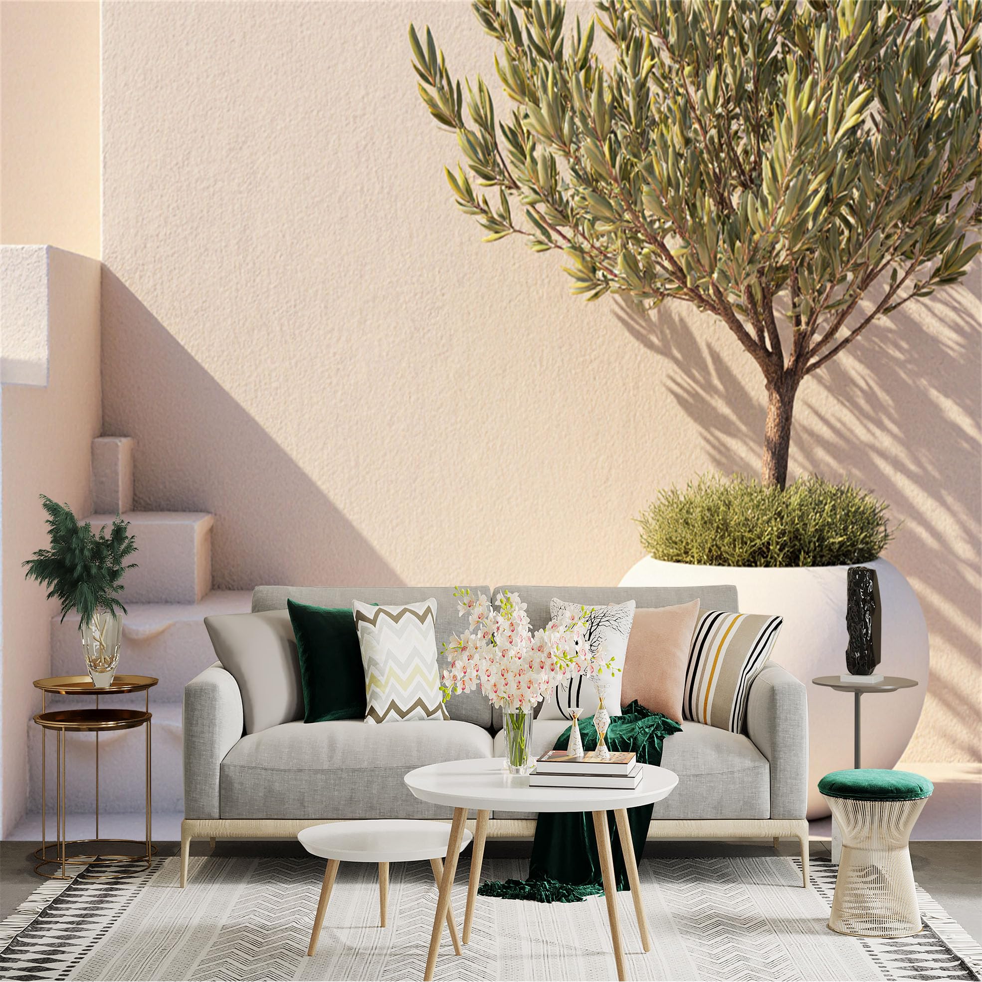 Custom Size Wall Sticker Mural， Minimalist Potted Plant with Stone Staircase， Modern Warm Tone Home Decor， Sunny Mediterranean Style， for wall Decoration， peelandstick wall Decals.