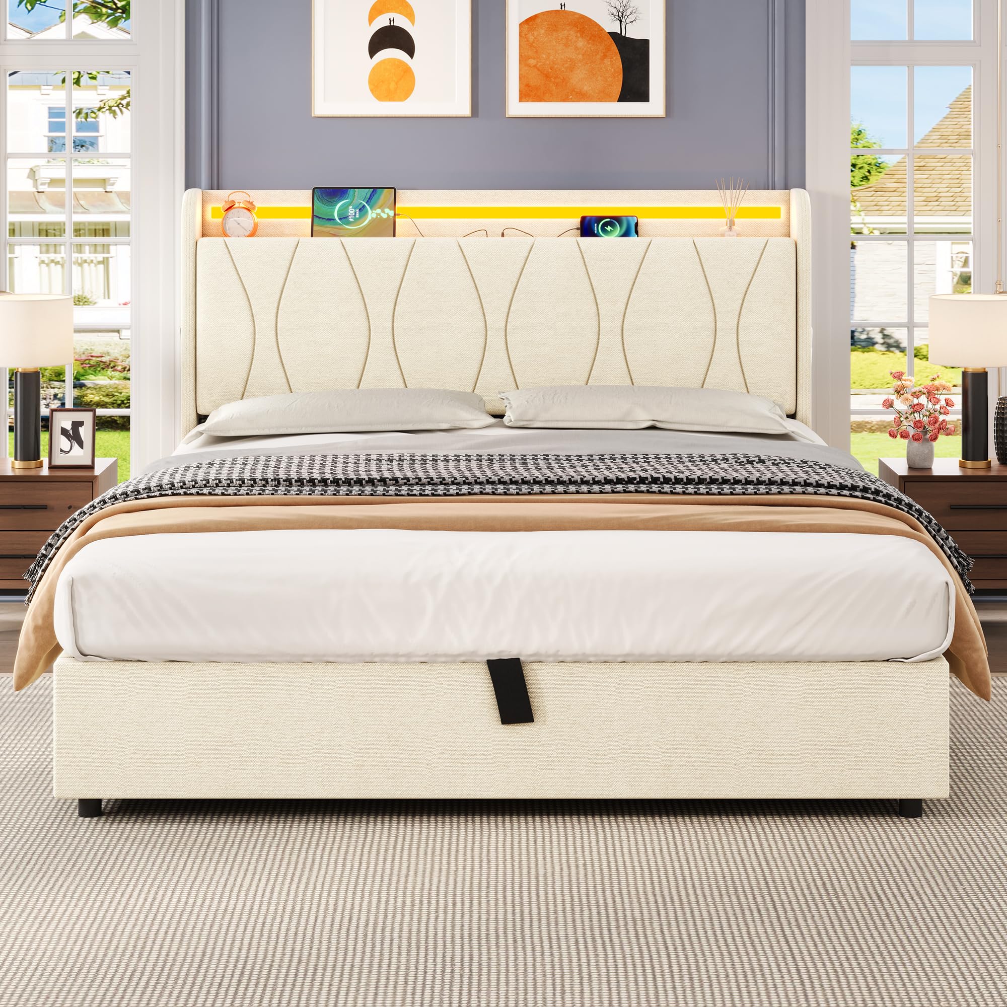4ft6 Double Bed Frame Upholstered Ottoman Bed with Hydraulic Storage & LED Concealed Storage Headboard, Linen Beige Functional Gas Lift Storage Beds with Charging Station & Sturdy Metal-Wood Support — image 1