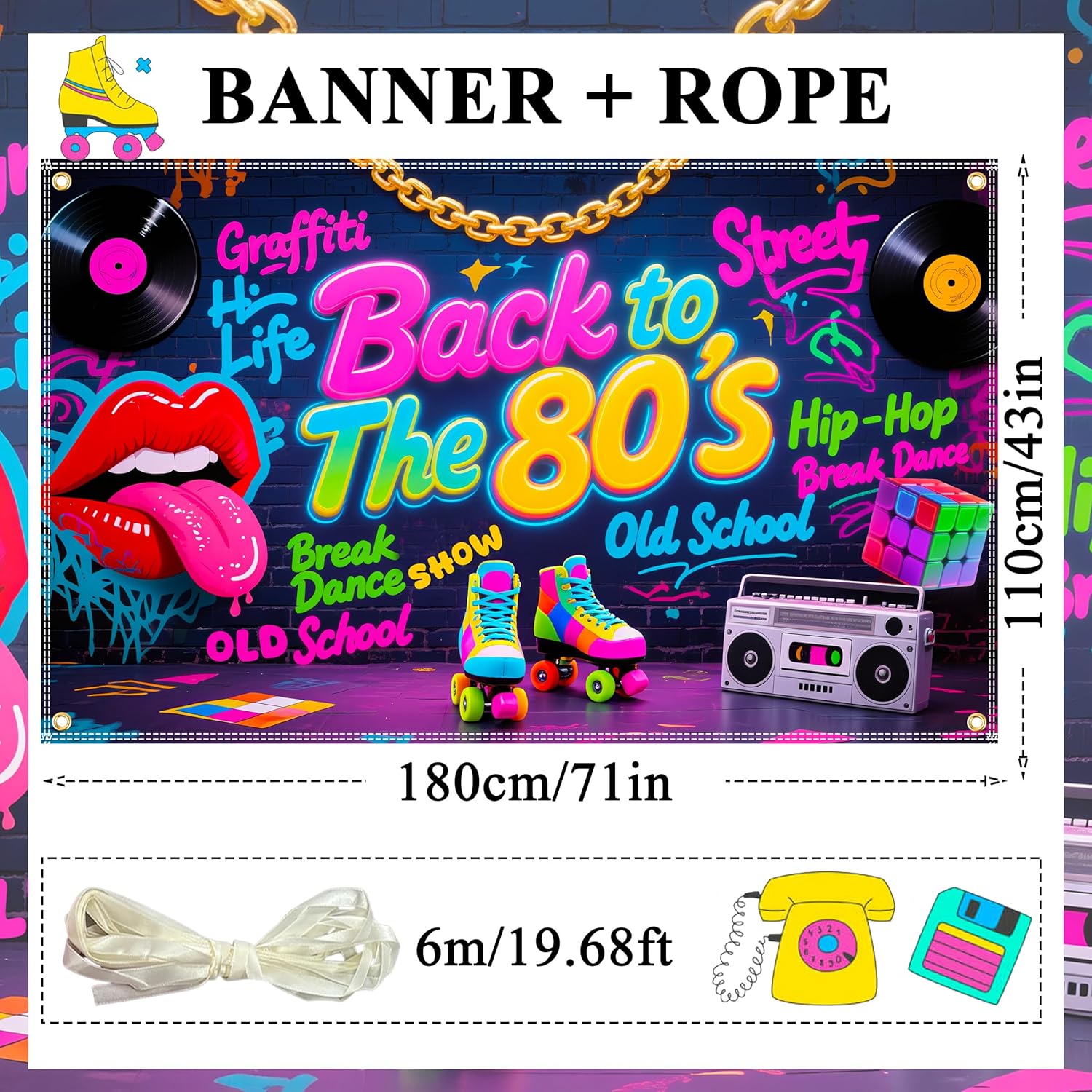 Back to The 80's Backdrop 6x3.6 ft 80s Party Decorations 80s Backdrop Hip Hop Graffiti Wall Birthday Party Supplies 1980 Photo Booth Props Banner with 19.68 ft Rope - Image 2