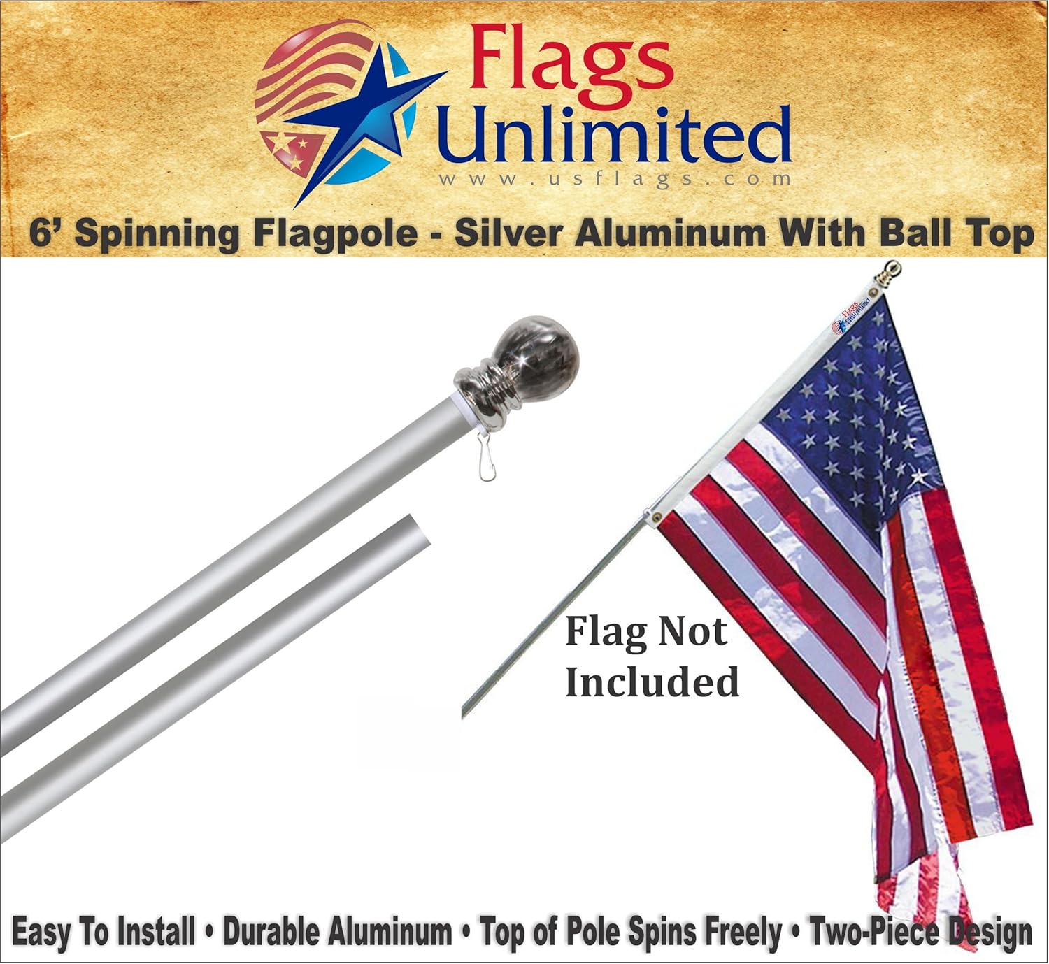 Flag Pole - 6 Foot Silver Brushed Aluminum No Tangle Spinning Flagpole with Silver Ball Top - Strong Pole Will Fly Grommeted or Sleeved Flags in Residential or Commercial Settings