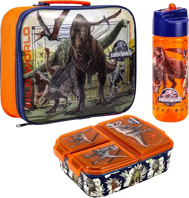 Jurassic World Kids Lunch Box Set with Insulated Bag & Water Bottle - Dino Themed