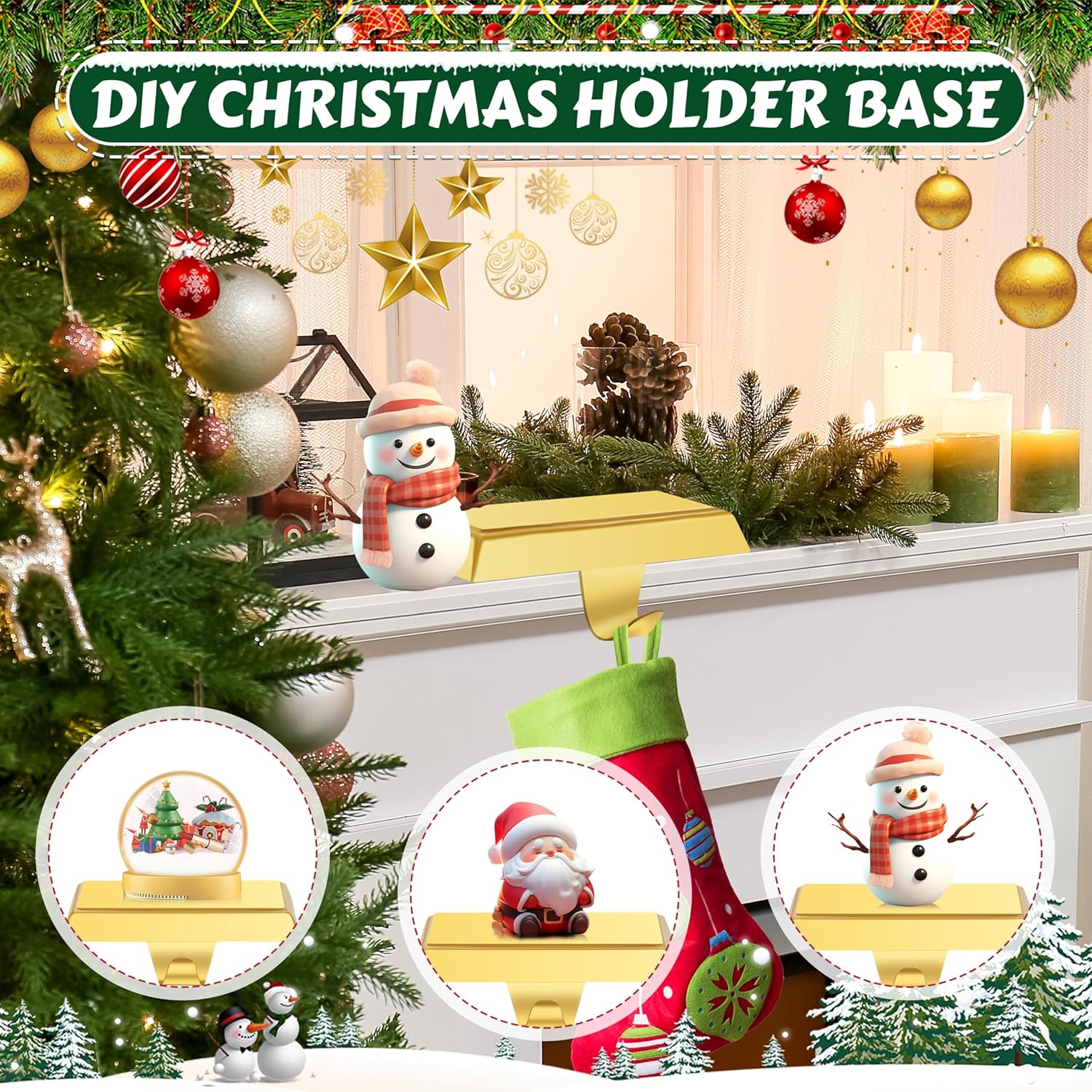 OCTERIC 6 Pcs Gold Christmas Metal Stocking Holders for Mantle, Heavy Duty Stocking Hangers Stocking Hook Xmas Ornaments for Counter Tables Window Fireplace Mantle Decoration