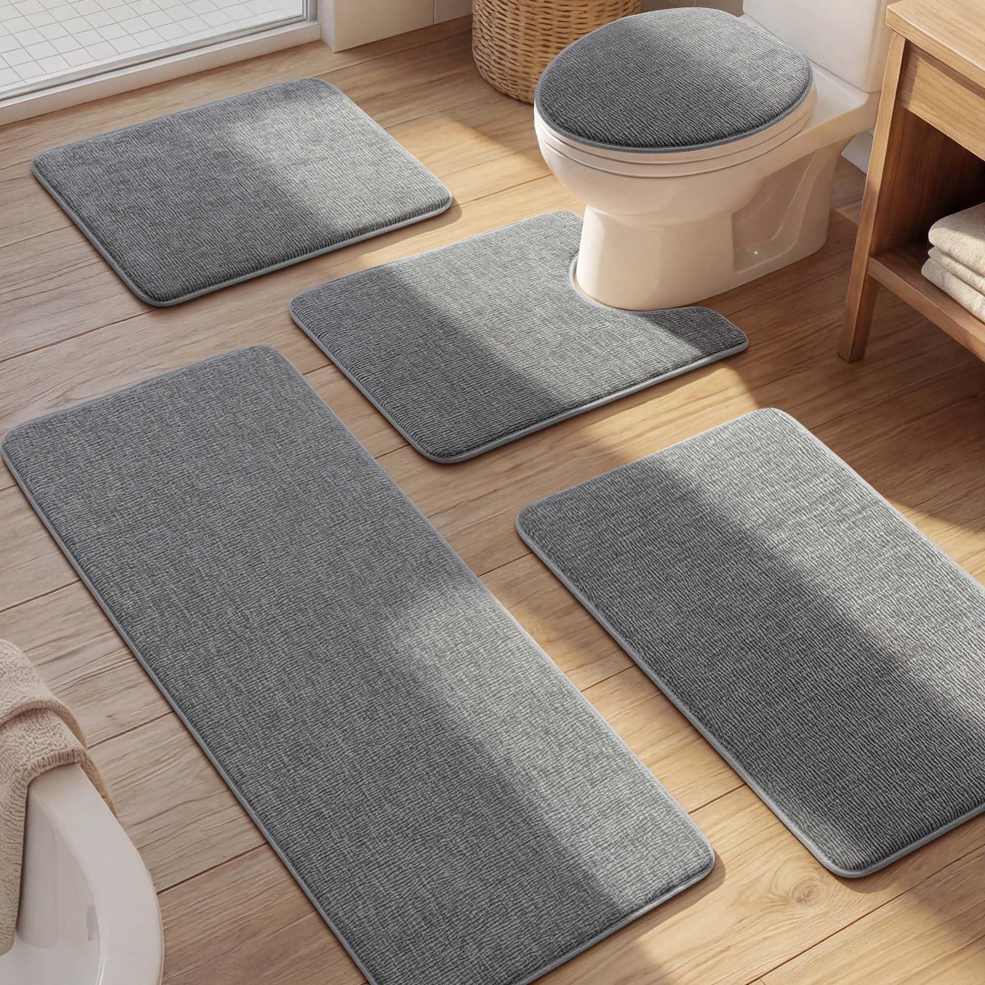 YIHOUSE 5pc Grey Bath Mat Set, Memory Foam Non-Slip Quick Dry Absorbent Bath Mats for Bathroom, Bedroom, Kitchen
