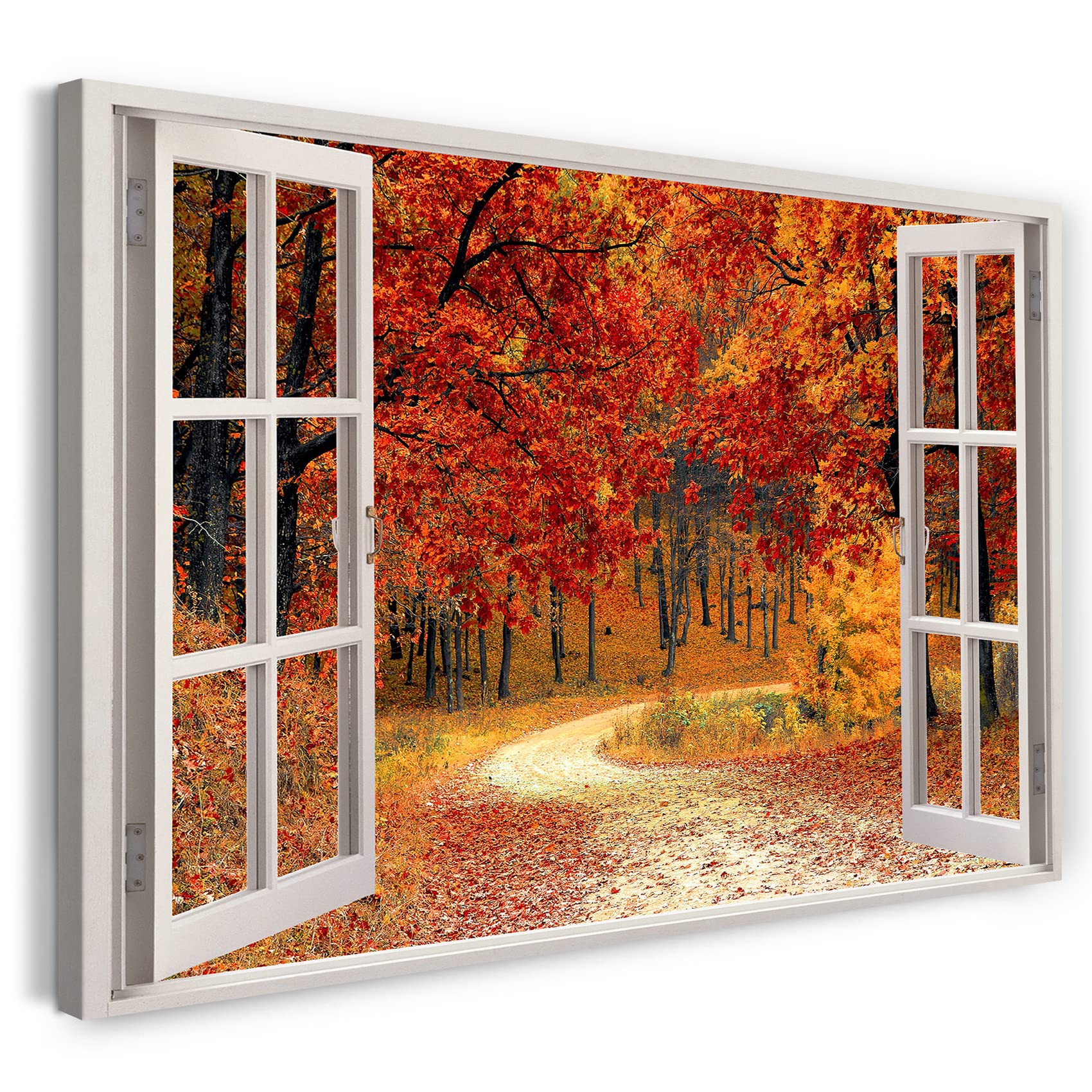 Print on Canvas (120x80 cm) view from the window - path in the forest nature autumn leaves - nature photography, real wood frame with hook