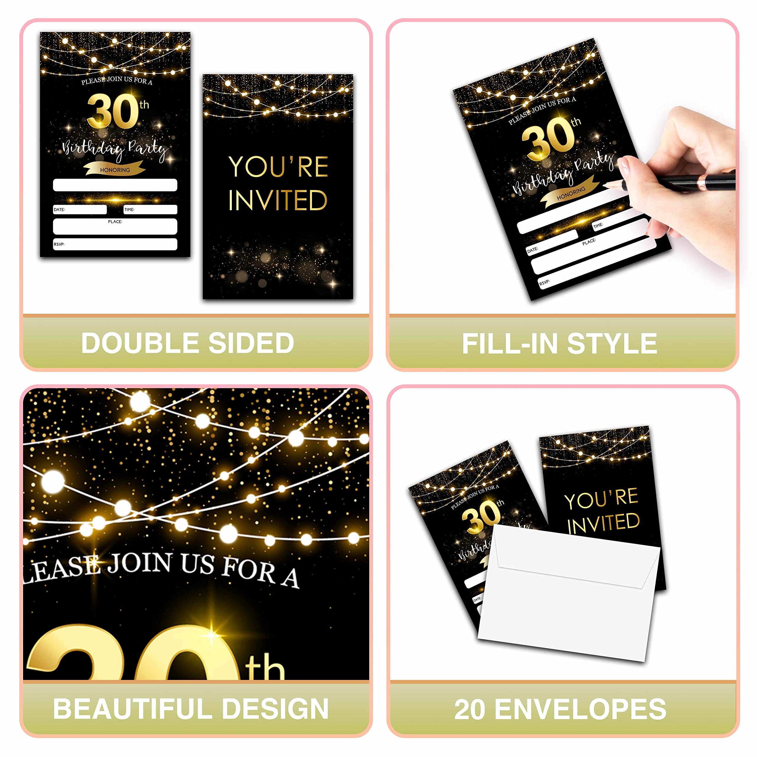 30. Geburtstag Einladungen Mit Umschlägen – 20 Stück, Schwarz-goldener Glitzer, Elegante Karten Für Überraschungspartys