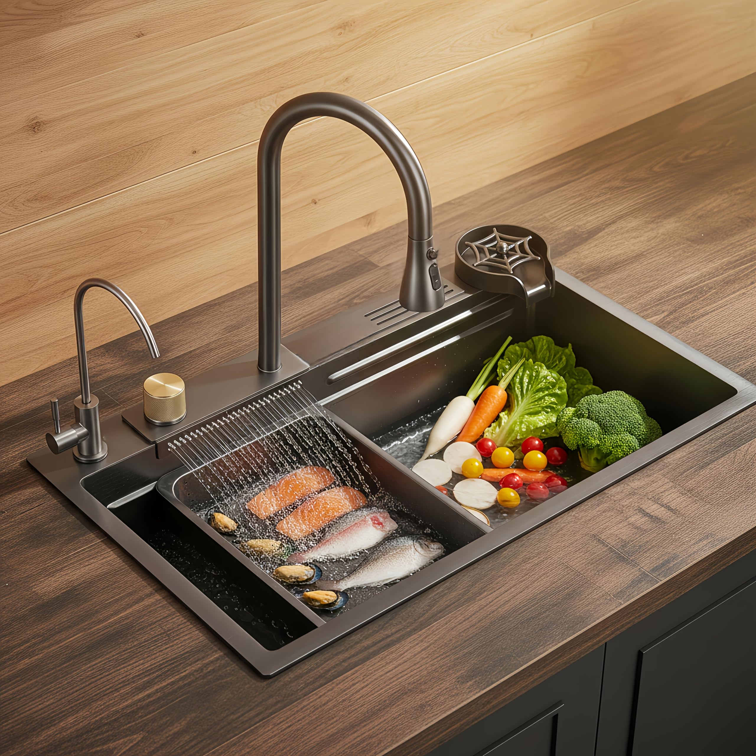 Evier Cuisine Multifonction en acier inoxydable,cascade（60x45x22cm） | Équipé d'un robinet à bec rétractable, d'un lave-verres, d'un porte-couteaux, d'un panier égouttoir, d'un bac égouttoir, etc.