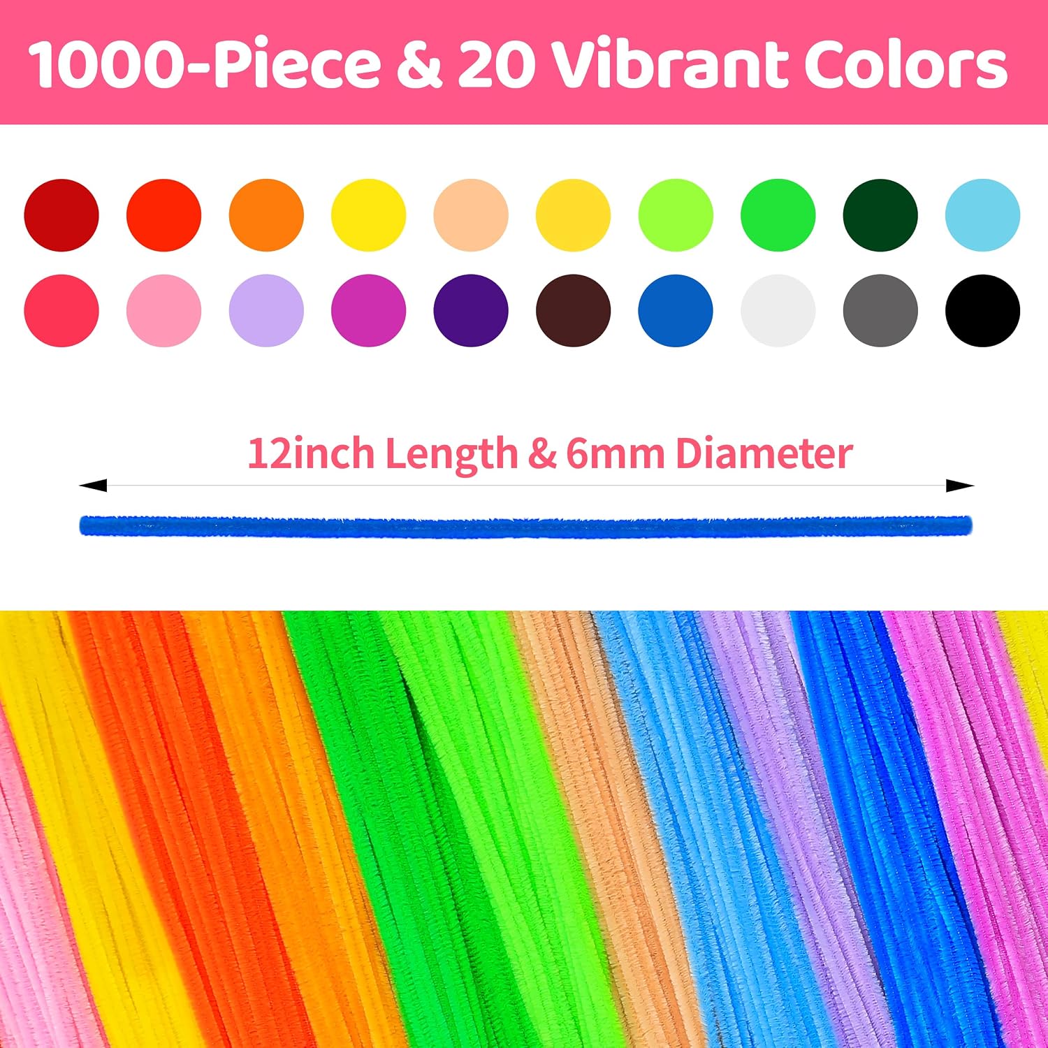 1000pcs Pipe Cleaners, 20 Colors Multicolor Chenille Stems for DIY Crafts & Art Projects (12inch x 6mm)