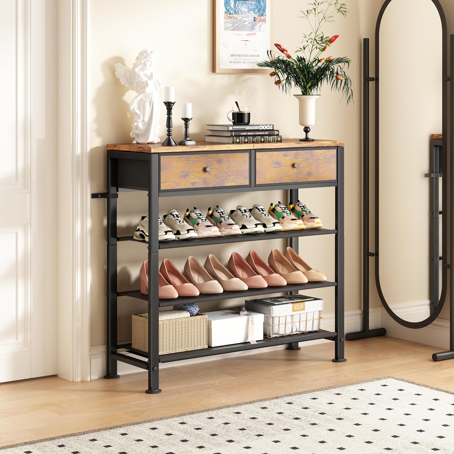 Kitstorack Shoe Rack, 4 Tier Shoe Organizer for 9-12 Pairs of Shoes, with 2 Drawers, 3 Fabric Shelves and Wooden Top, Shoe Rack for Closet Entryway, Rustic Brown 4-Tier