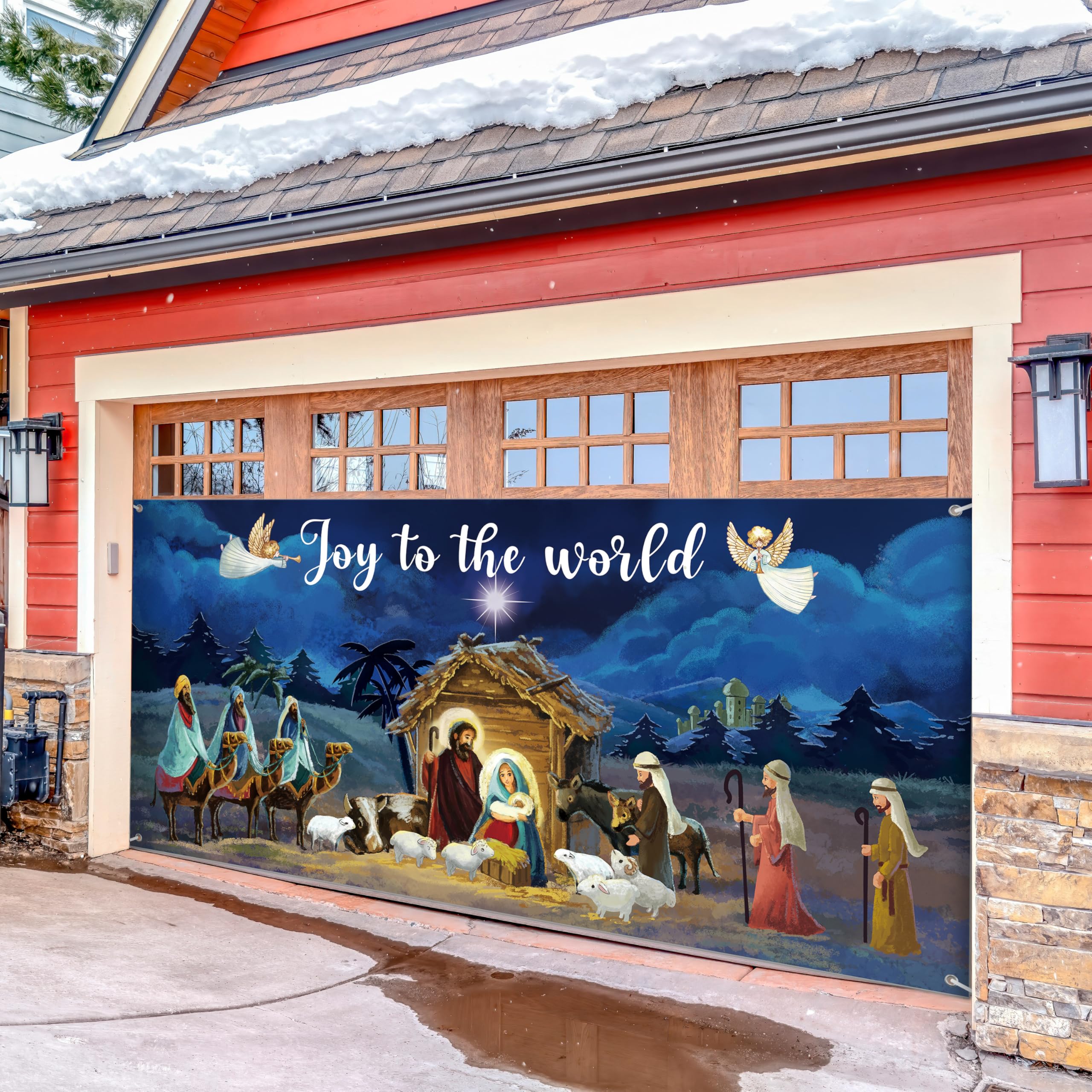 YCUCUEI Weihnachts-Garagentorbanner – Krippenmotiv 2,4x2,1m Für Festliche Dekoration Drinnen & Draußen