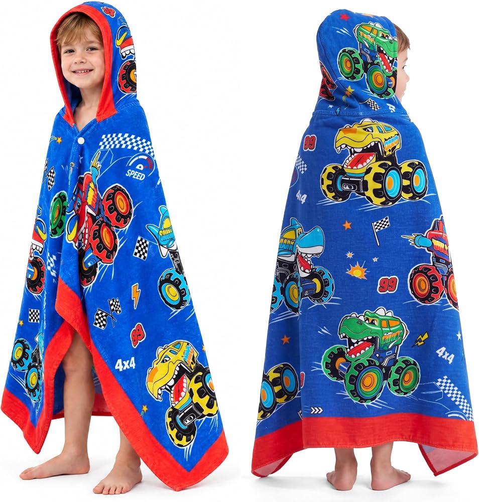 Joiedomi Monster Truck Hooded Towels for Kids Soft 100% Cotton Kids Beach Towel 30" x 50" for 3-8 Years Boy Girl Beach Hooded Poncho Absorbent Pool Toddler Swim Bath Wrap — 사진 1