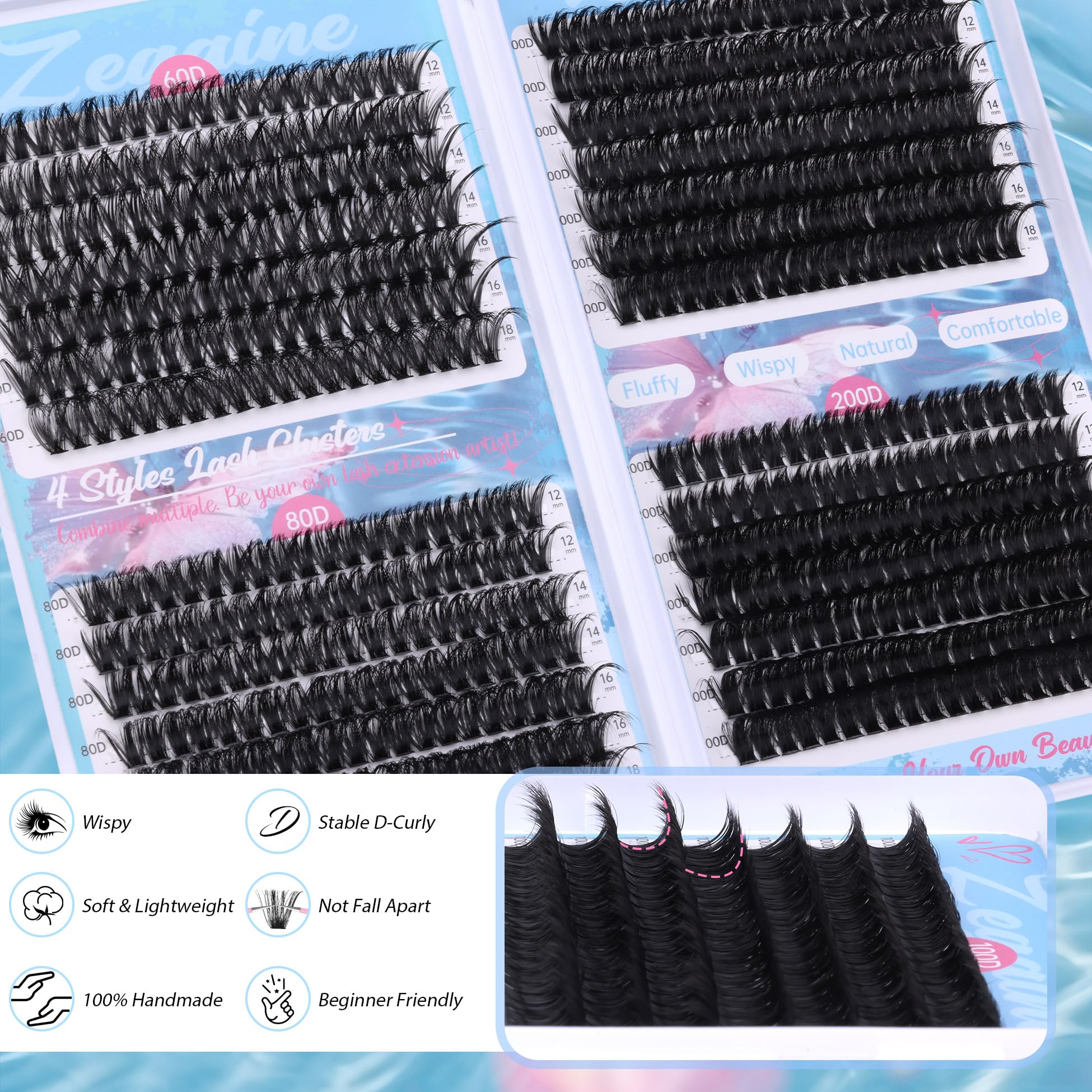 Zegaine Thick Lash Clusters Cat Eye Lashes Extension 560Pcs 60D+80D+100D+200D Thick Volume Eyelash Clusters Long Individual Lashes Wispy Clusters Eyelash 12-18MM Eyelashes Extensions