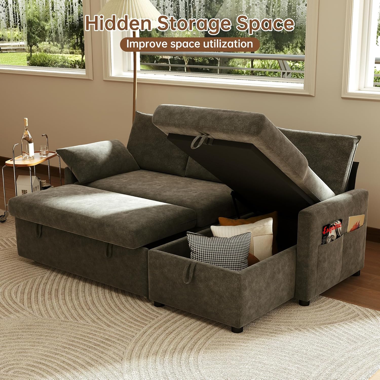 80" L-Shape Chenille Sleeper Sofa with Pull-Out Bed and Storage Chaise Dark Gray