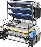 Simple Trending 7-Tier Mesh Desk File Organizer with Pen Holder & Hanging Baskets - Black Letter Tray for Office, Home, School