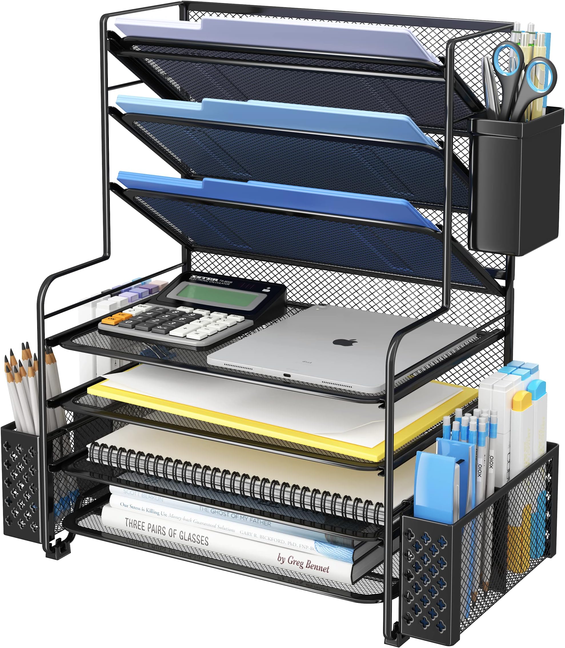 Simple Trending 5-Trays Mesh Desk File Organizer Vertical Document Letter Tray Holder with Drawer Organizer for Office Home, Black