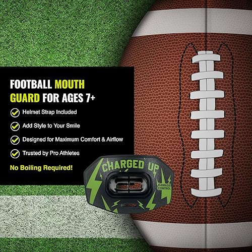 Miniatura 4 de DAMAGE CONTROL Protector bucal de fútbol juvenil Boquilla transpirable que no hierve, protege labios y dientes, funciona con frenos, incluye correa