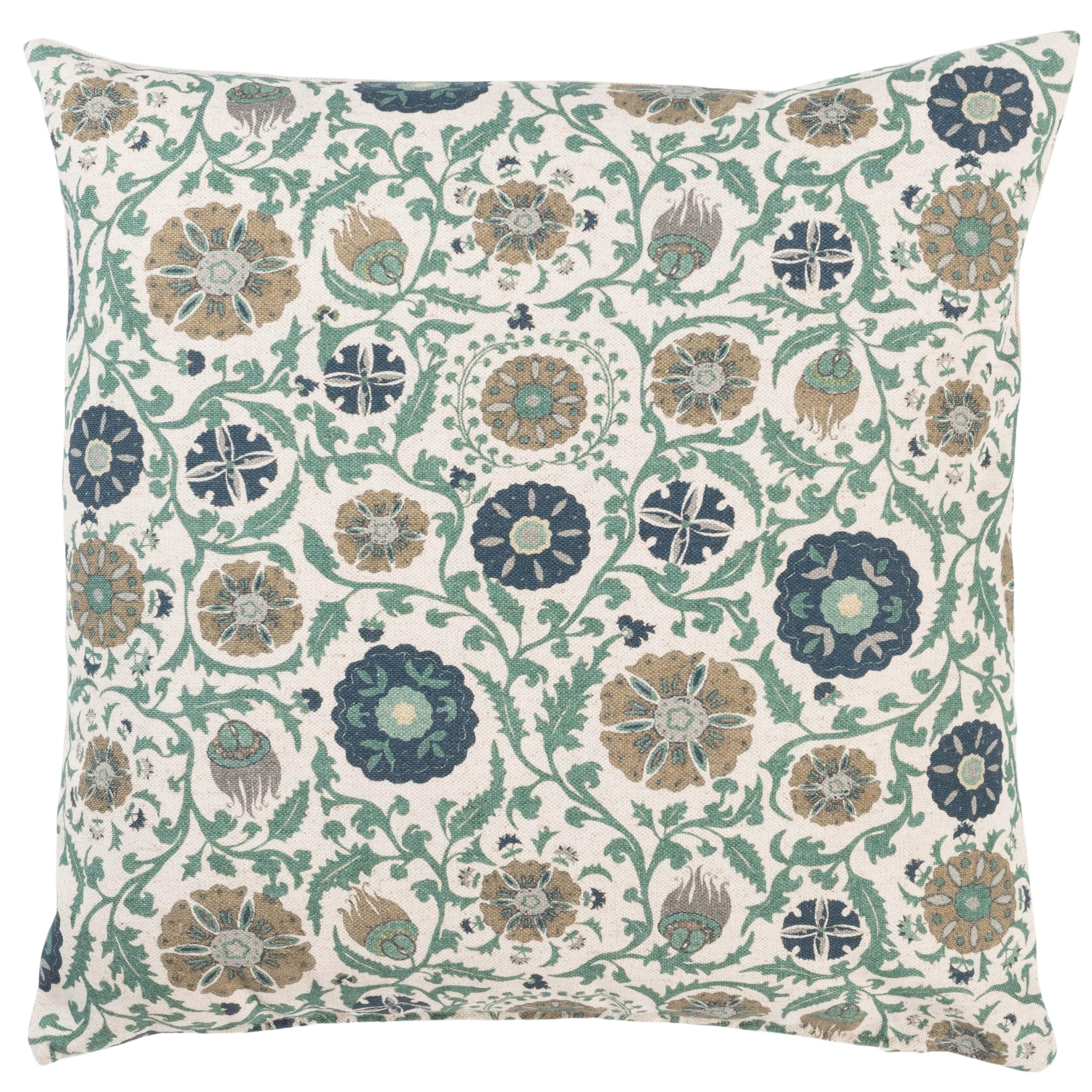 Linen Loft Tudor Rose Cushion Cover in Teal Blue. Classic Floral and Botanical Trailing Vines Design. 17x17 Square Cover Only