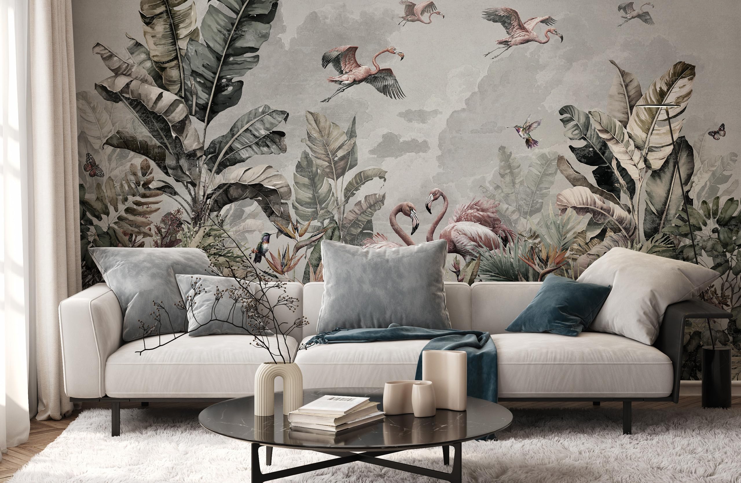 Muralo Papel Pintado en TNT 3D, Jungla con Flamencos - 225x150 cm