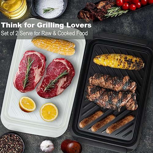 Miniatura 2 de Bandejas de preparación y servir a la parrilla, bandeja de barbacoa para alimentos crudos y cocidos, plato de melamina para alimentos, juego de 2,