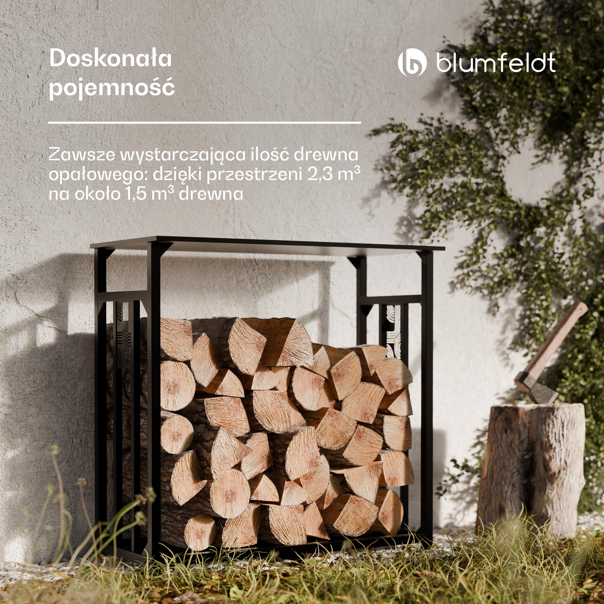 Blumfeldt Valdivian Stojak na drewno kominkowe – 2,3 m³ metalowy stojak z stalowym dachem i osłoną przeciwdeszczową, Solidny magazyn na drewno wewnątrz, Odporny na warunki, W zestawie torba na
