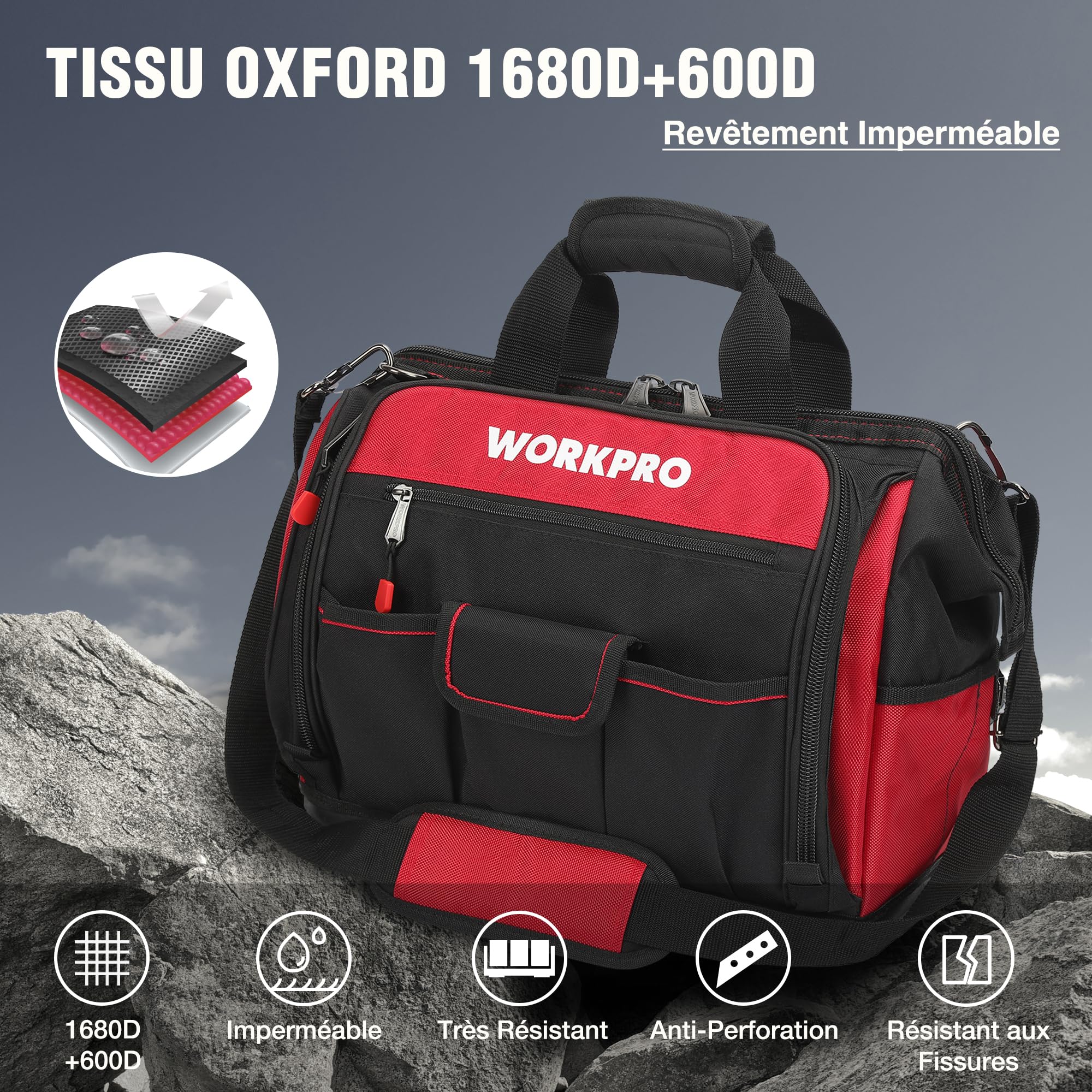 WORKPRO Sac à Outil avec 39 Poches 42 x 25 x 34 cm, Sac Porte-outils avec Grande Capacité, Fond Dur Etanche, Bandoulière Large Réglable, Zip Flexible, Charge Maximale 28 KG