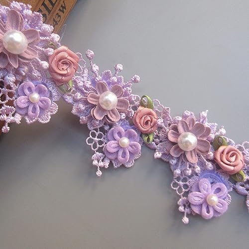 1 yarda de flores de perlas de encaje borde cinta 2.2 in de ancho estilo vintage púrpura adornos bordados tela bordado apliques costura artesanía