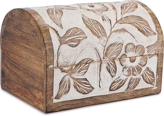 Ajuny Handcrafted Decorative Wooden Jewellery Storage Box with Flower Carvings White Multipurpose Use as Jewelry Storage Keepsake Box Organizer great for gifts