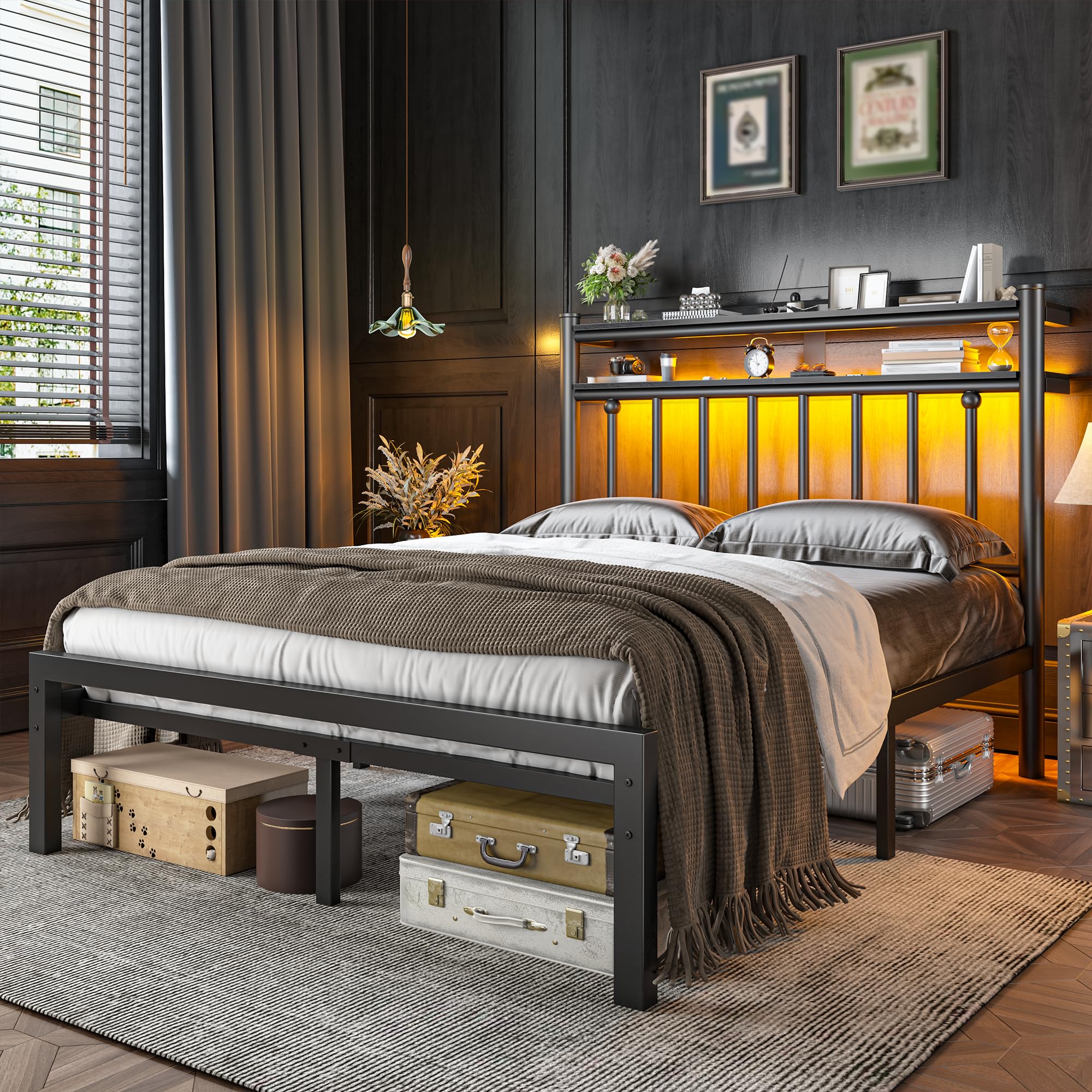 Metal Full Size Bed Frame with 2-Tier Storage Headboard, Bed Frame Full with LED Light, Victorian Mattress Foundation Under Bed Storage/No Box Spring Needed/Noise-Free/Easy Assembly, Black