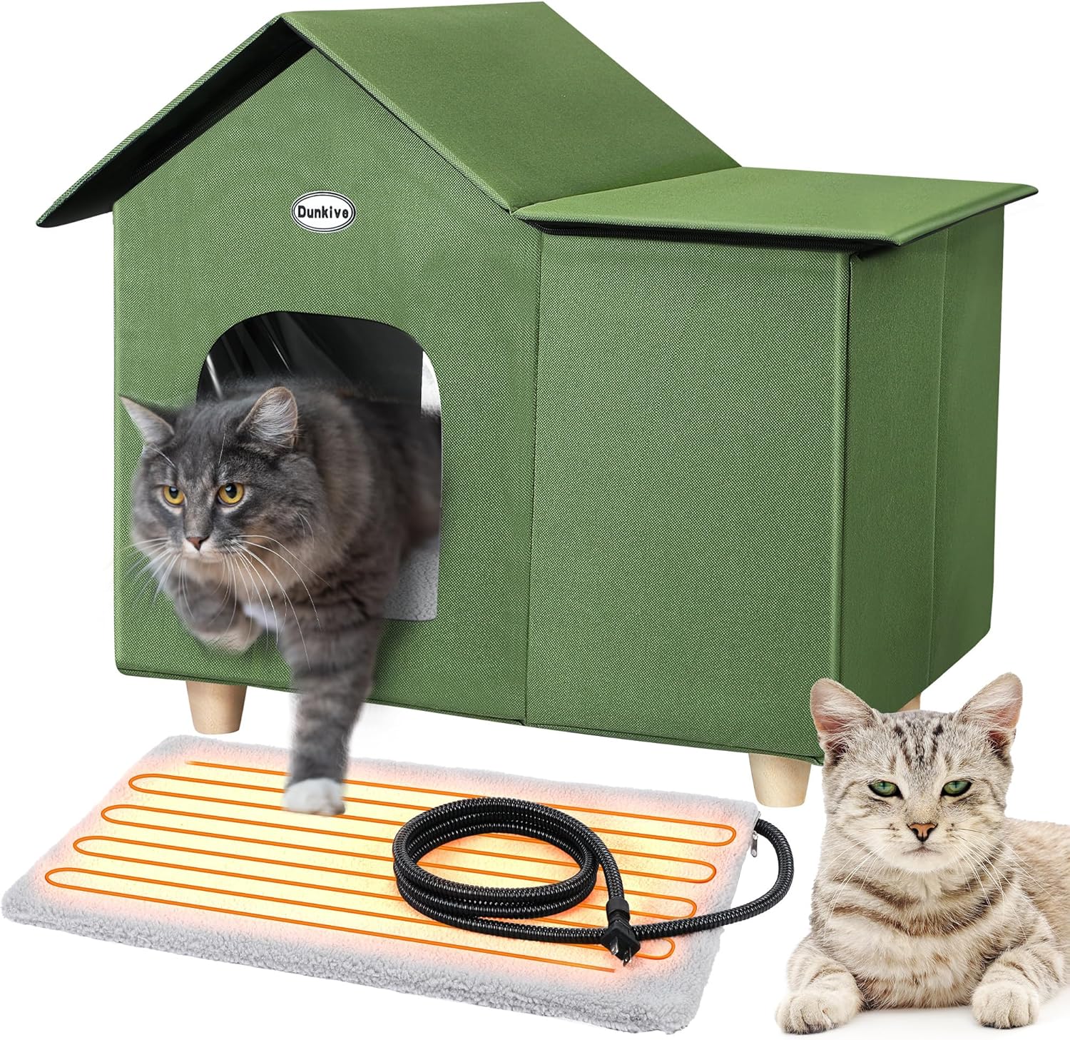 Heated Cat House for Outdoor Cats, Elevated Heated Outdoor Cat House with Thermostatic Pet Heating Pad, 2 Cat Heated House Feral Cat Shelter for Outdoor Cat, Outdoor Stray Cat(Olive Green)