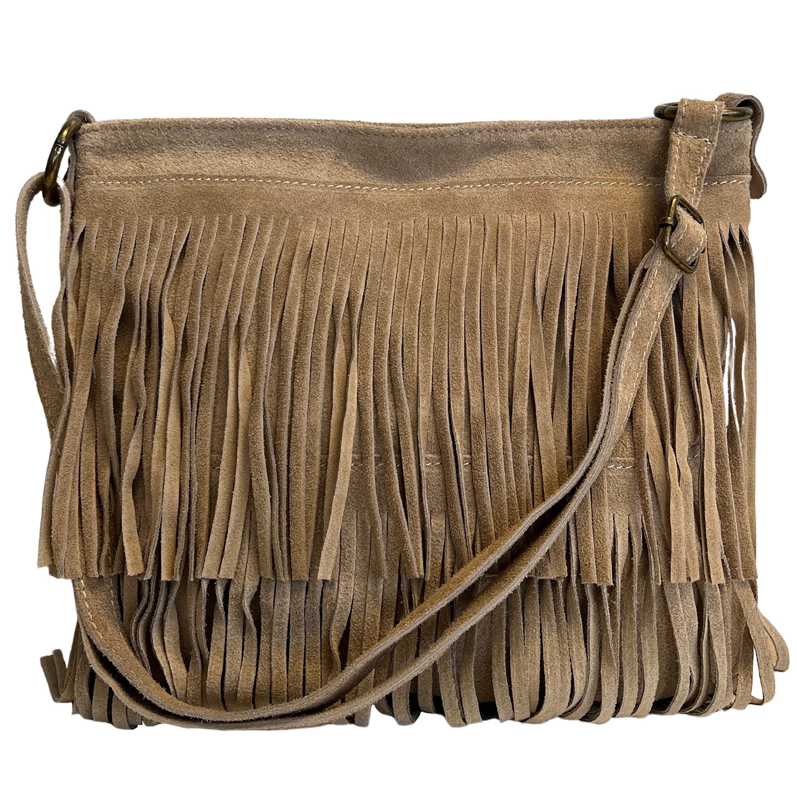 Borsa a tracolla con frange in camoscio - borsa tracolla donna in pelle scamosciata