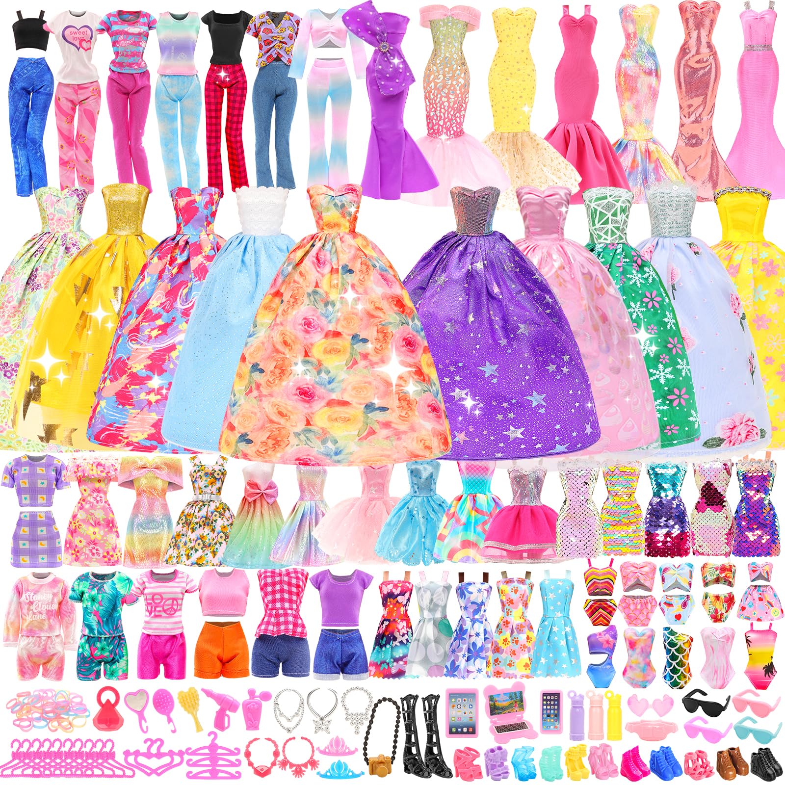 BARWA 36 Pack Doll Clothes and Accessories 5 PCS Fashion Dresses 5 Tops 5 Pants Outfits 3 PCS Wedding Gown Dresses 3 Sets Swimsuits Bikini for 10 Hangers 10shoes 11.5 inch Doll, Multicolor, SKU20502
