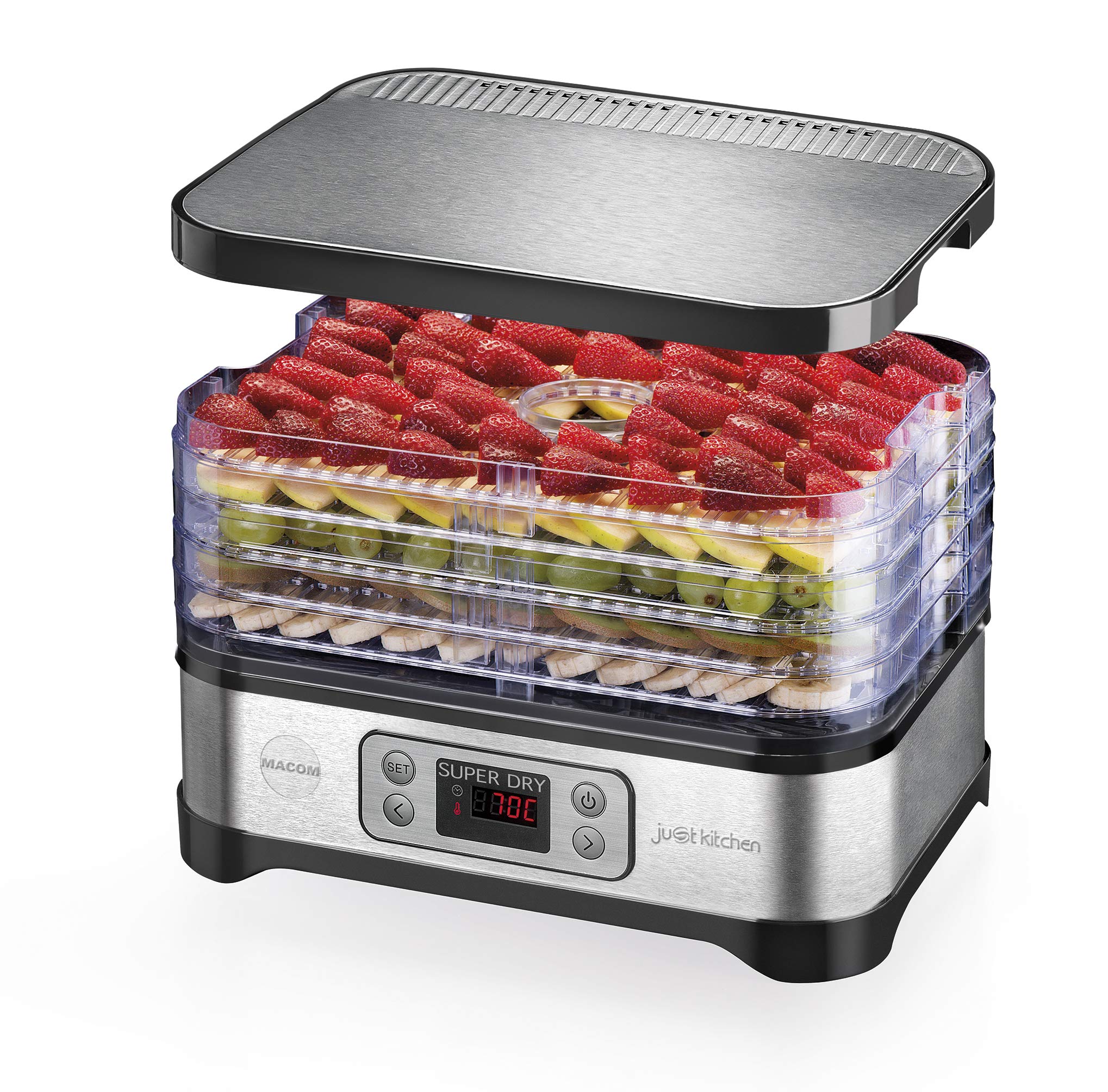 MACOM Just Kitchen 871 Super Dry, essiccatore per alimenti, Premium food dehydrator, Lega di acciaio, Nero, Rettangolare