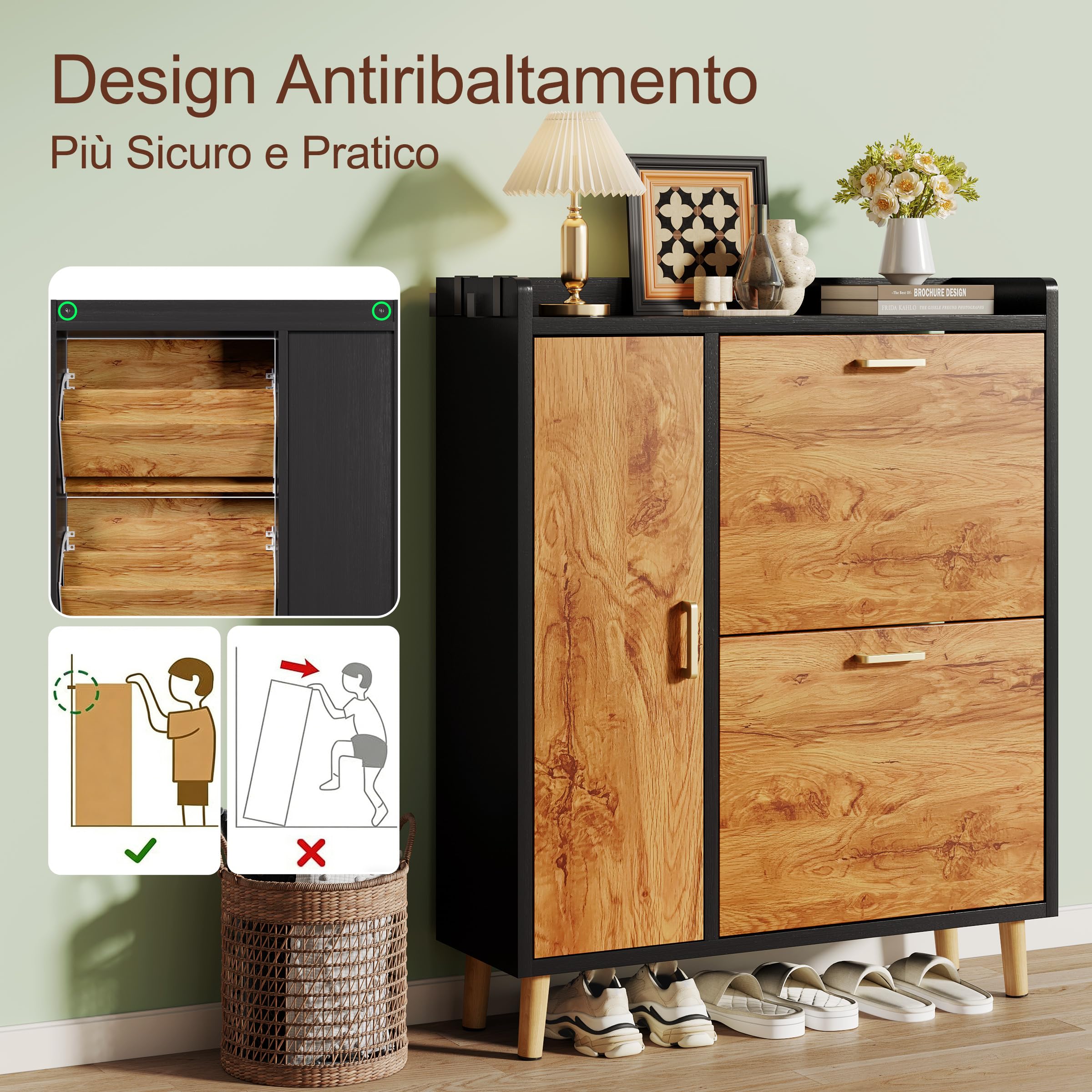 Scarpiera Salvaspazio Slim Con 3 Ante, Divisori Regolabili può Contenere Stivali, Scarpiera Ingresso Con Maniglie & 4 Gambe in Legno Massello Per Porta, Corridoio, Atrio (80x96x24cm, Nero)