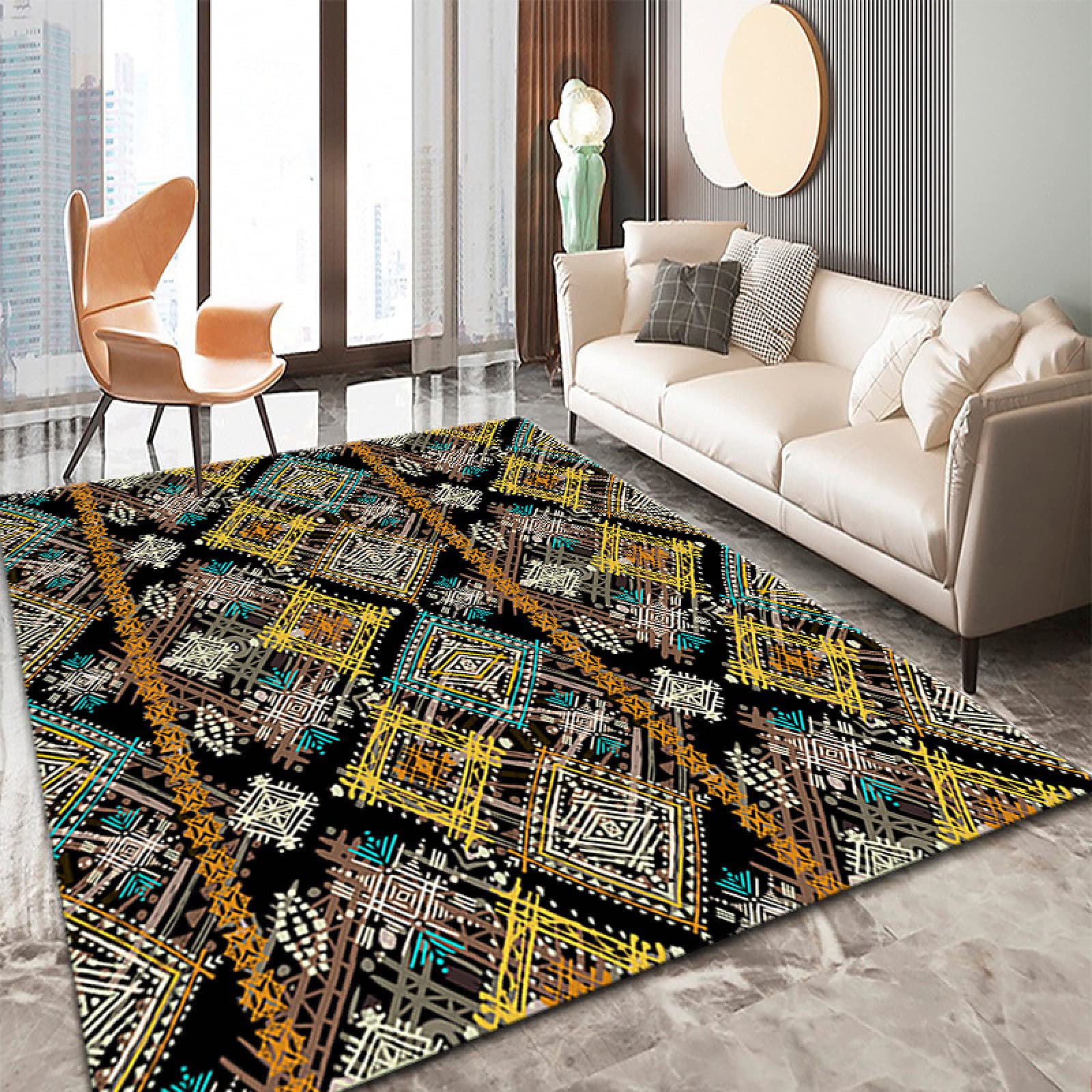 Grand tapis ethnique vintage 200 x 300 cm lavable et antidérapant pour le salon
