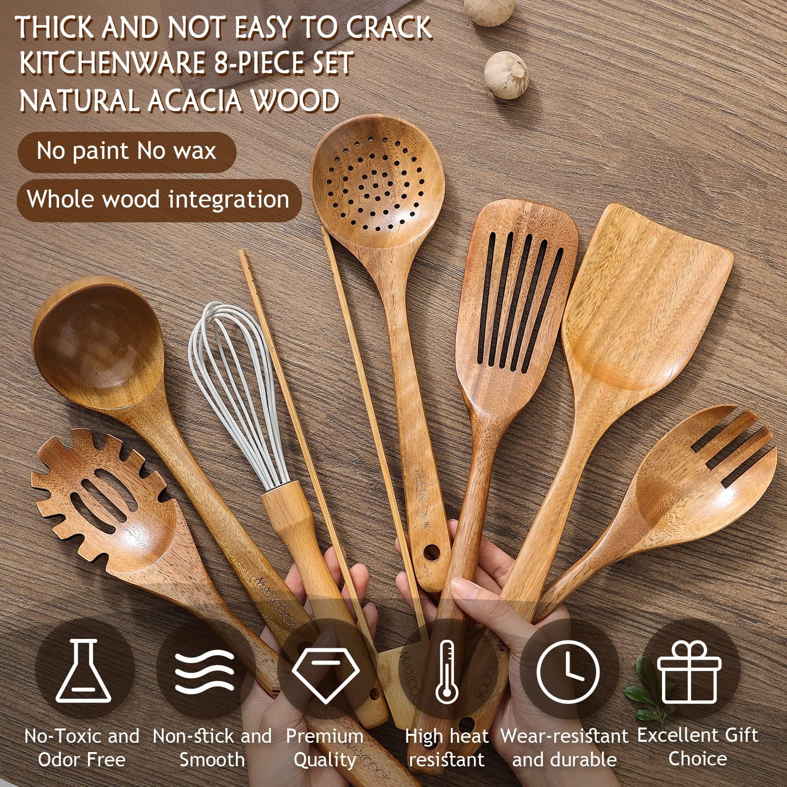 Holzlöffel zum Kochen, 8-teiliges Teakholz-Küchenutensilien-Set, natürliches Akazienholz, antihaftbeschichtet, Pfannenwender, Kochlöffel, leicht, praktisch, einfach zu waschen, Kochutensilien