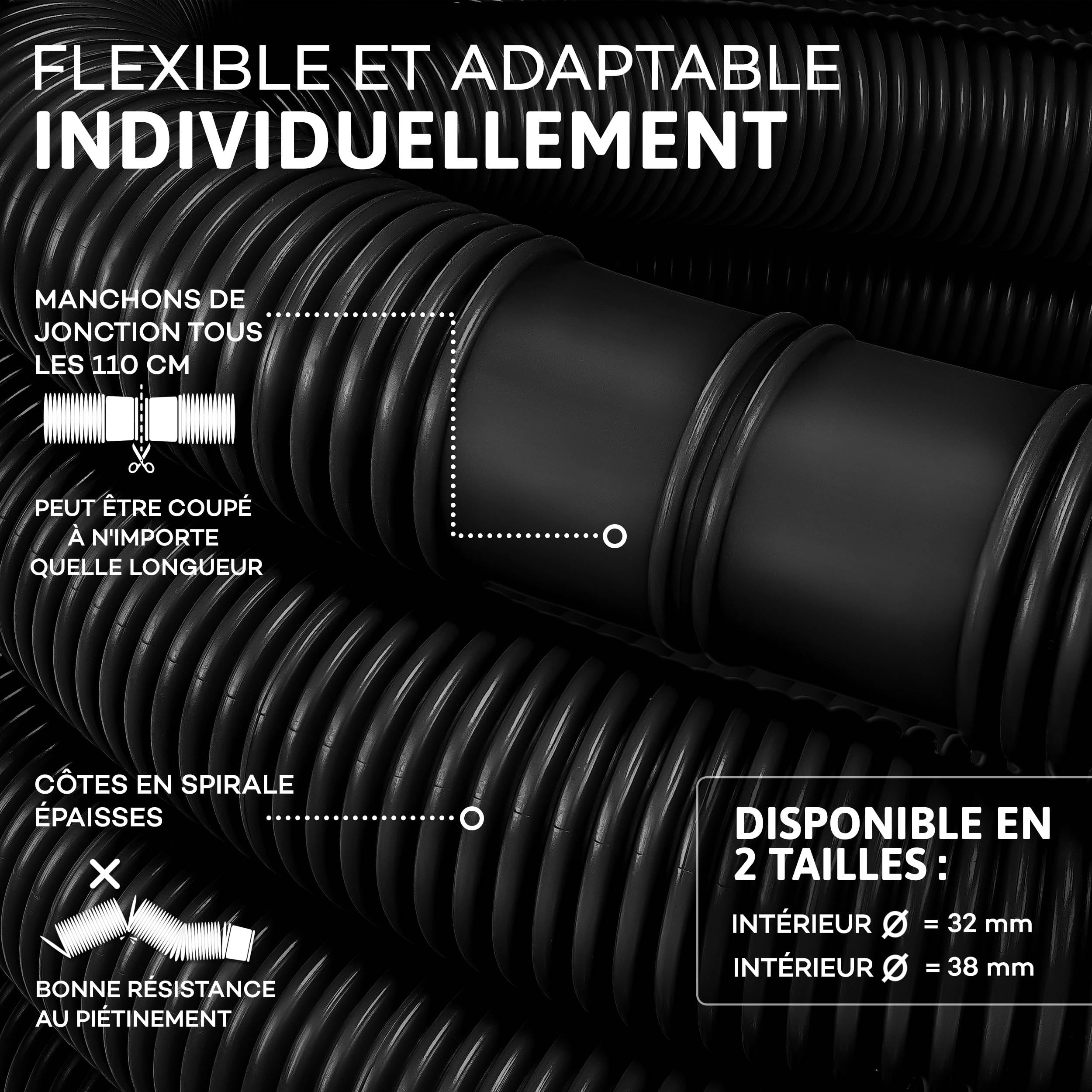 Tillvex Tuyau pour piscine avec manchons, solaire, pour piscine et bassin, pour aspiration, pour pompe, flexible pour eau (noir, 30 m / 38 mm)